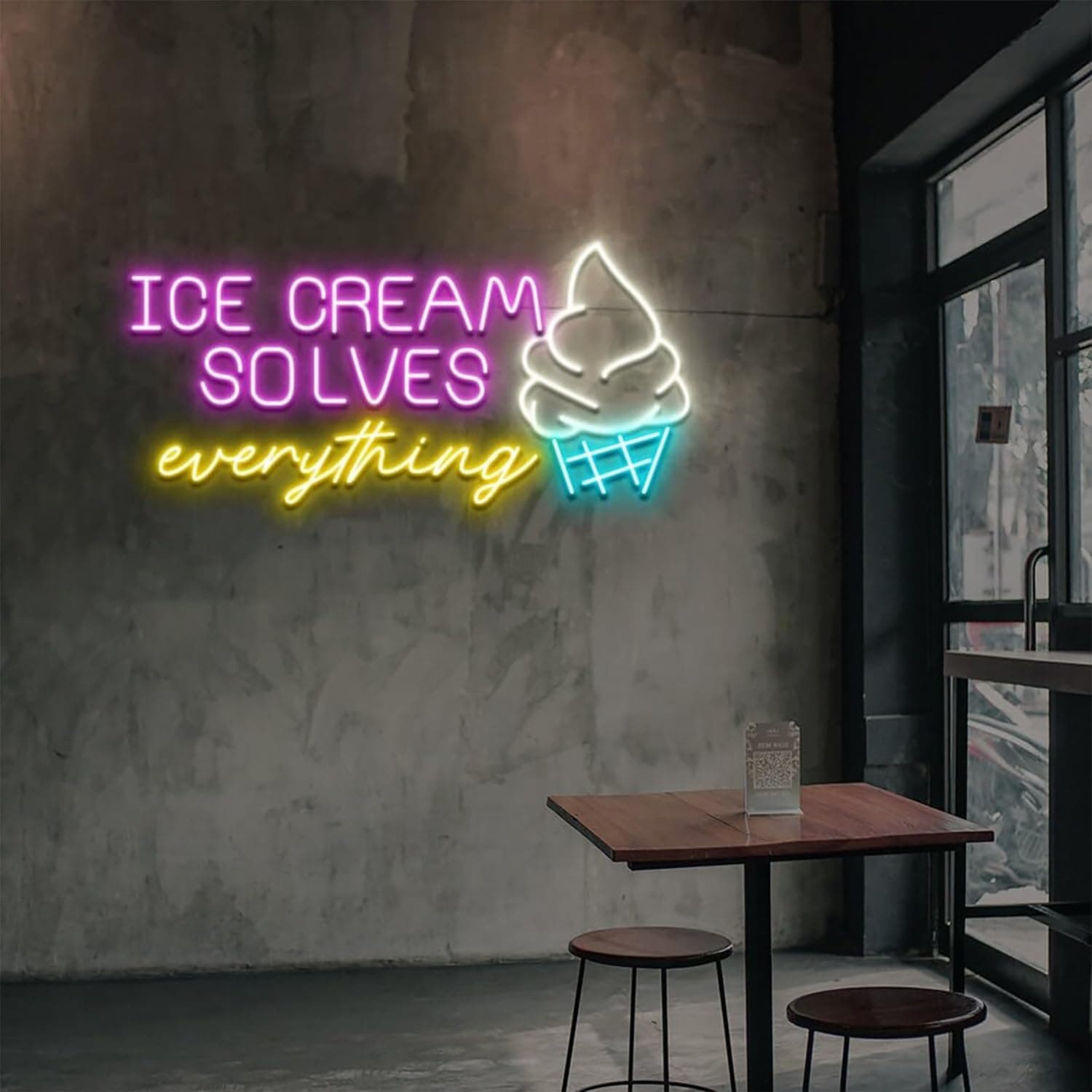 Ice Cream Solves Everything LED Neon Sign - Customizable Sweet Treat Wall Art for Home Kitchen, Coffee Shop & Dessert Bar Decor - 23 Inch Dimmable Ice Cream Light Signs