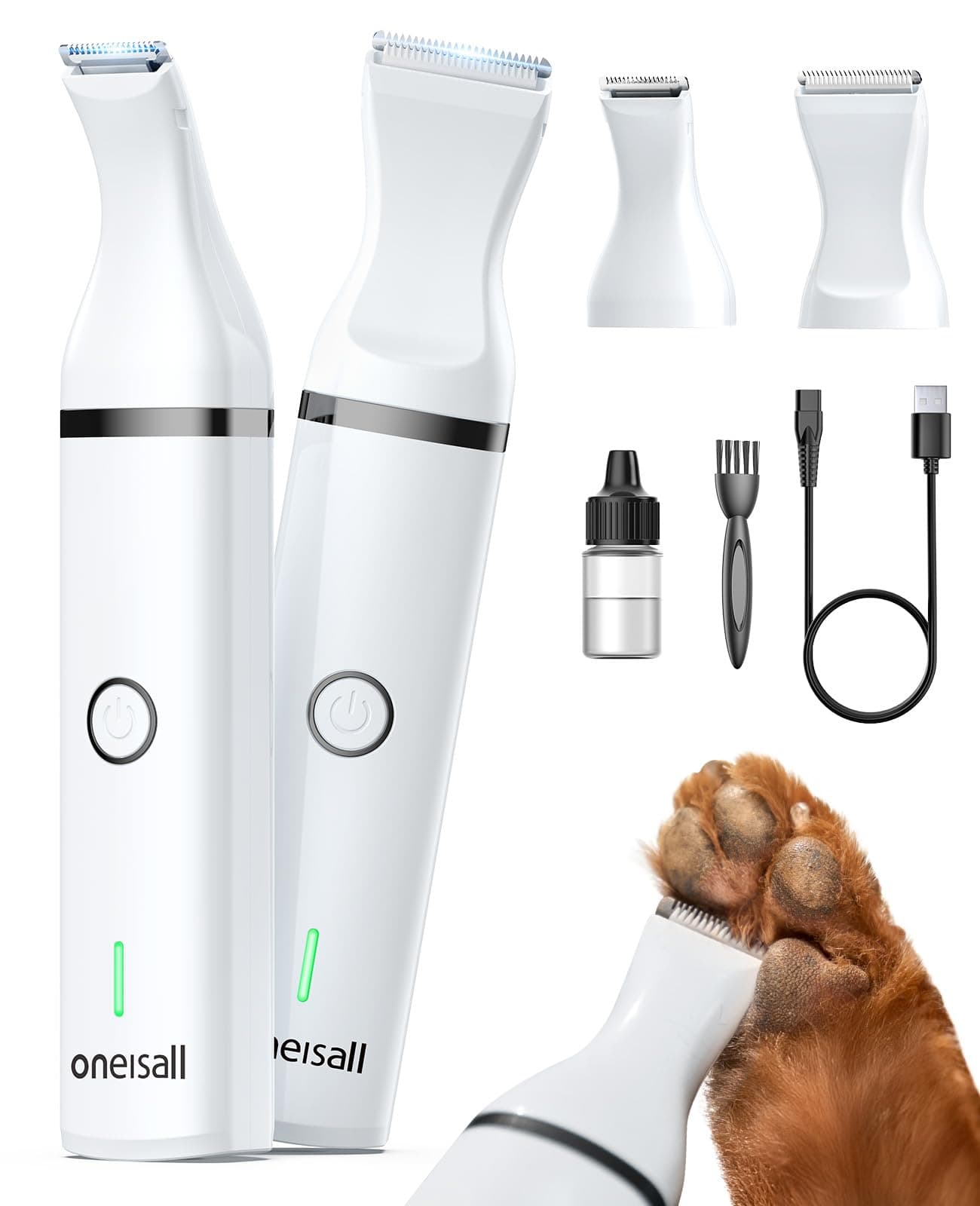 oneisall Dog Clippers with Double Blades,Cordless Small Pet Hair Grooming Trimmer,Low Noise for Trimming Dog's Hair Around Paws, Eyes, Ears, Face, Rump (White)