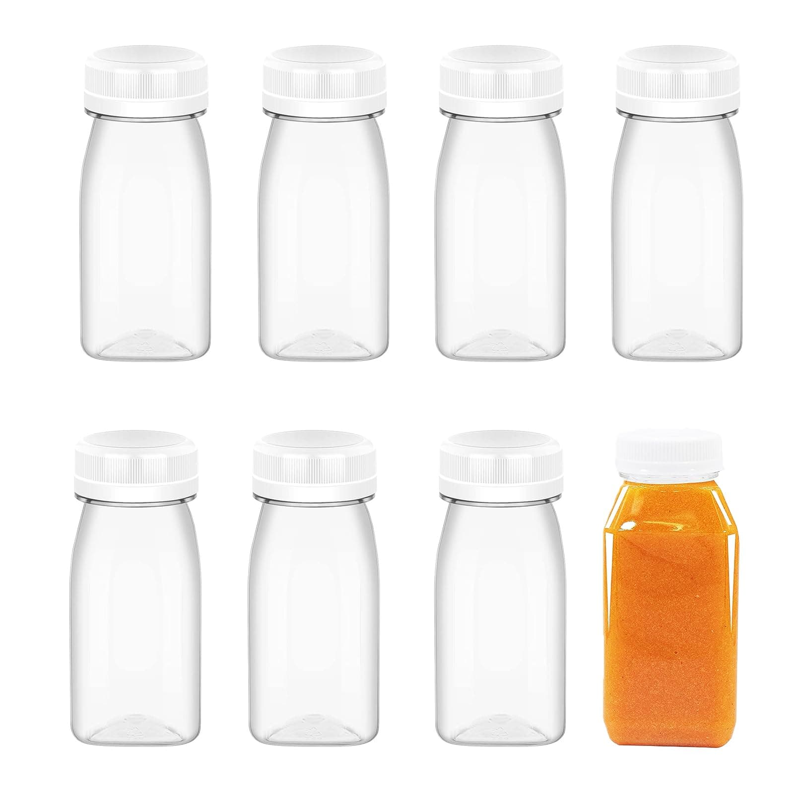8 Pack 100ml Plastic Juice Bottles,Reusable Small Clear Juice Container,Mini Plastic Juice Bottles,Empty Plastic Juice Bottles for Storing Juices, Water and Other Homemade Beverages(White Lid)
