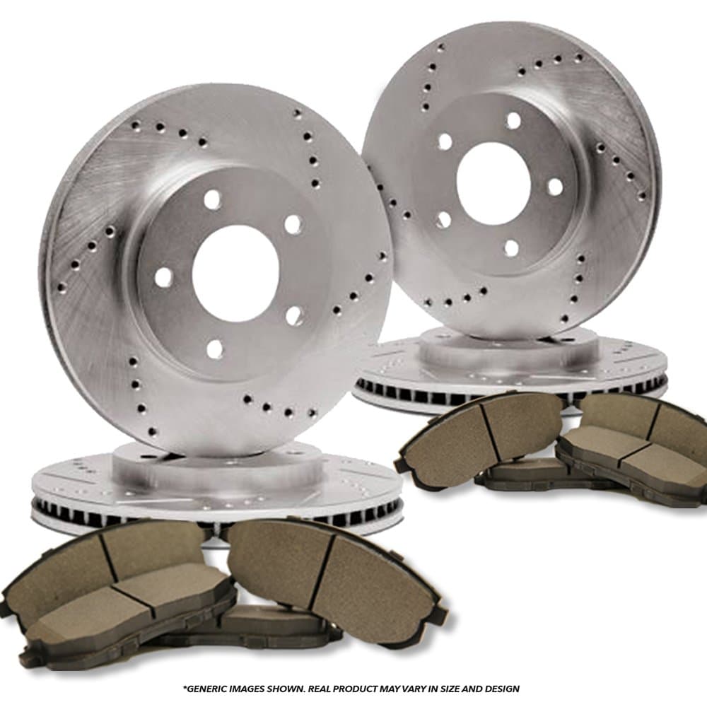 (Front+Rear Kit)(High-End) 4 Cross-Drilled Disc Brake Rotors + 8 Semi-Metallic Pads(Fits:- 5lug)