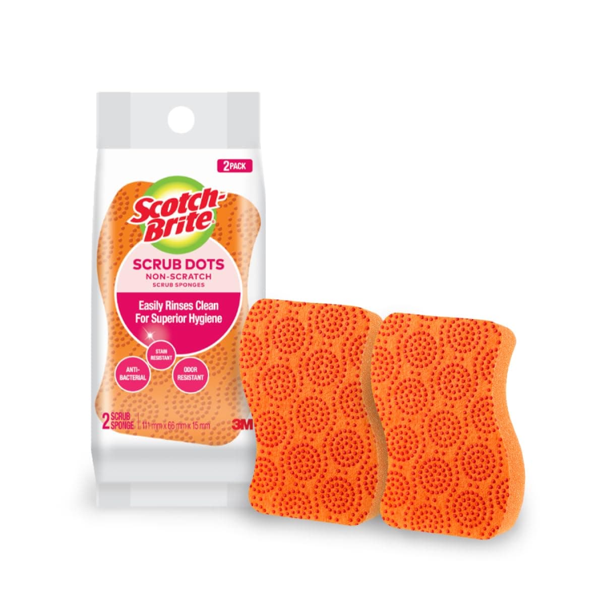 Scotch-Brite Scrub Dots, Non-Scratch Sponge Suitable for Glassware, Ceramics and Non-Stick, plastic and copper utensils, rinses Clean, no stuck on messes, Anti-bacterial and Stays Odor Free (2 Pieces)