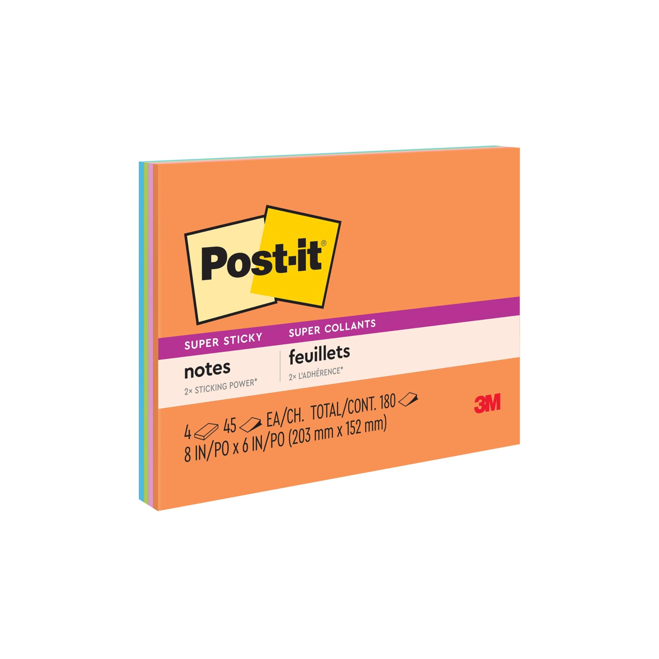 Super Sticky Lined Notes, 4 Sticky Note Pads, 8 x 6 in., Ideal for Organization in Your Dorm, Home or Office, Energy Boost Collection