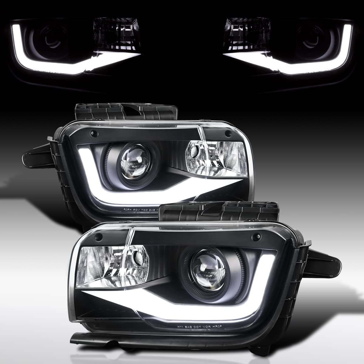 AUTOZENSATION Compatible with 2010-2013 Chevy Camaro, Left + Right Pair Headlamps Assembly, Black LED Tube Projector Headlights
