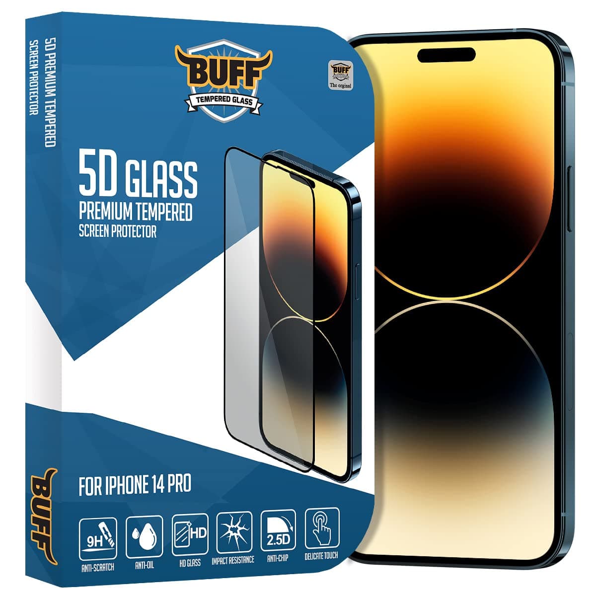 BUFF LABS 5D Glass Full Covered Tempered Glass Screen Protector for iPhone 14 Pro 9H Hardness Anti-Scratch Case Friendly Bubble-Free Oleophobic Coating Easy Installation Alignment Tool