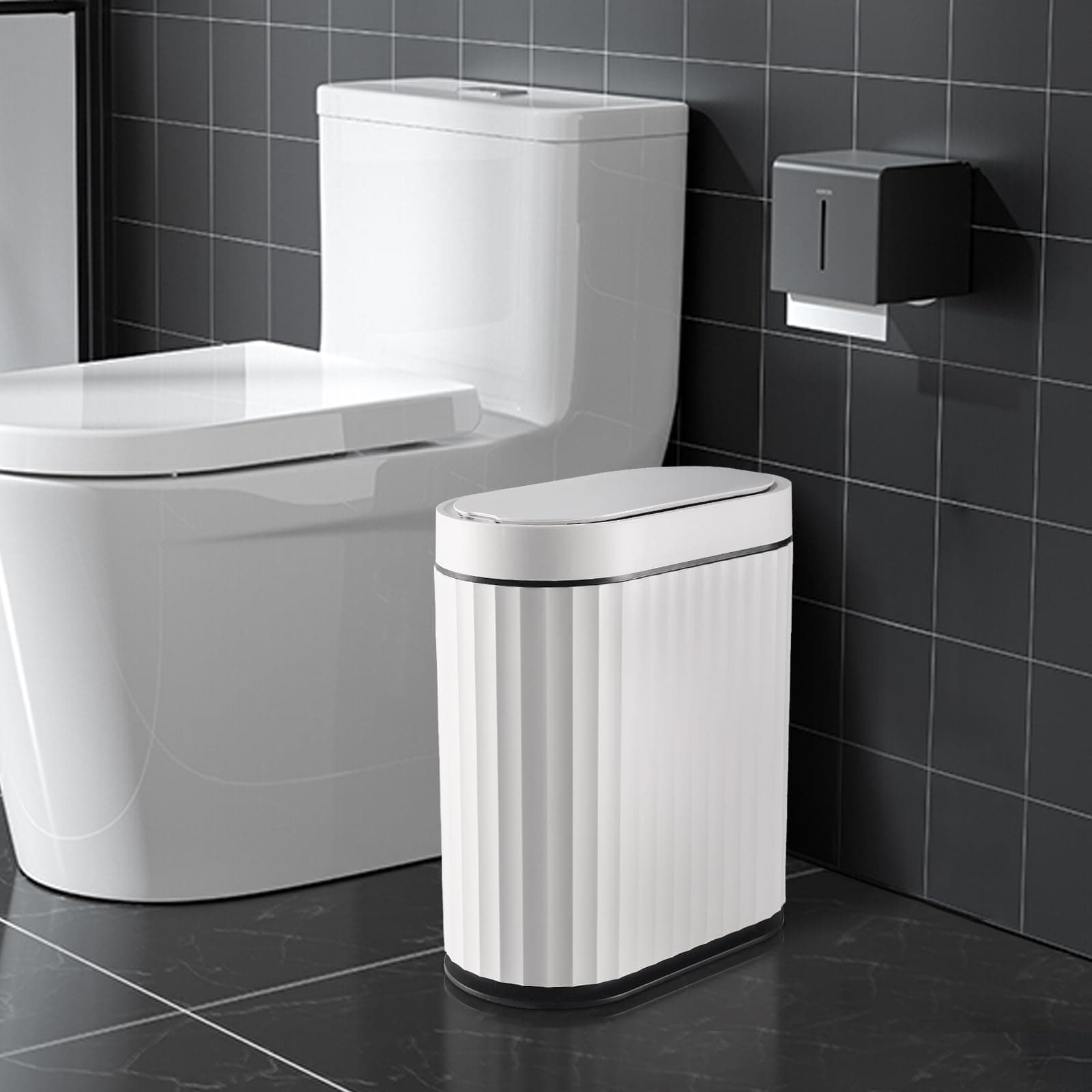 ELPHECO Bathroom Trash Can with Lid 2 Gallon Small Sensor Garbage Can, 9 Liter Slim Smart Trash Bin, Waterproof Automatic Wastebasket, Narrow Plastic Garbage Bin for Bathroom, Black and White