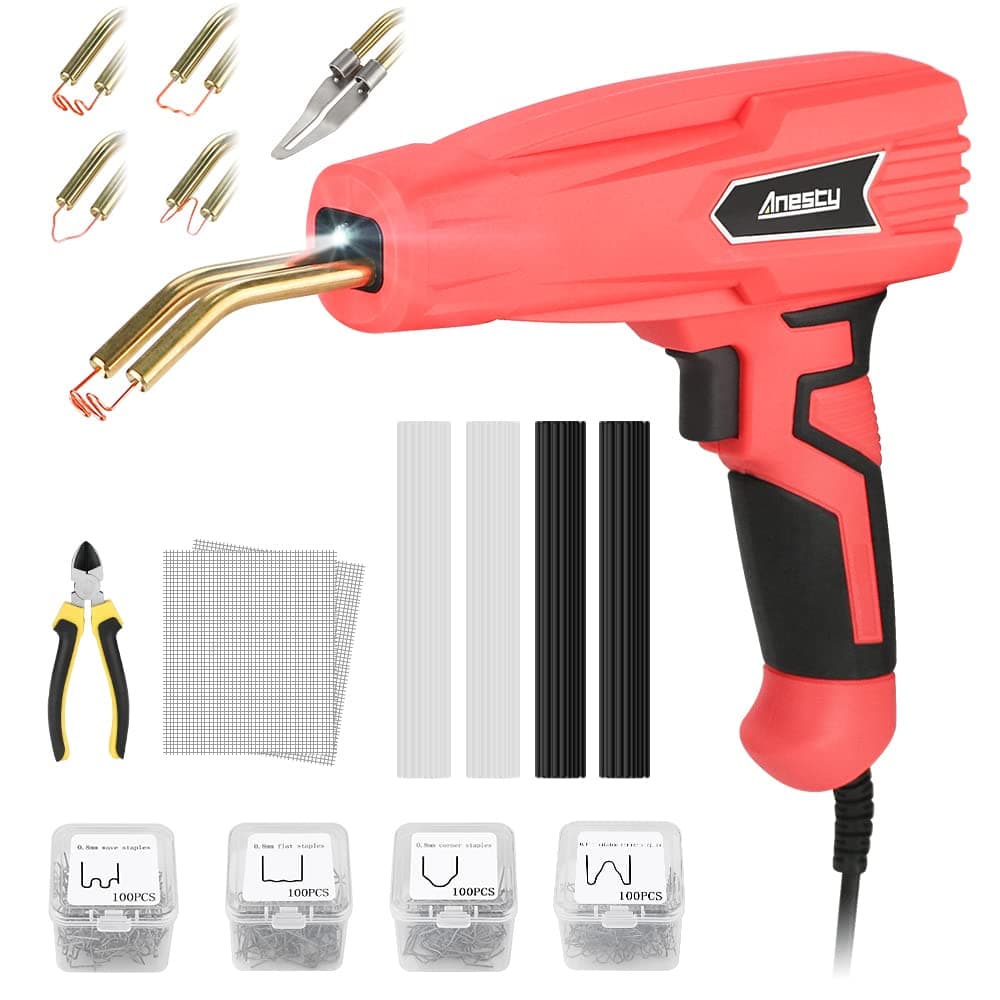 Plastic Welder Kit Hot Stapler & Plastic Welding Iron Kit 2in1,100W Plastic Repair Kit with 400 Hot Staples, Plastic Welding Rods, Wire Mesh, Smoothing Iron etc. for Car Bumper Fender Kayak Repair