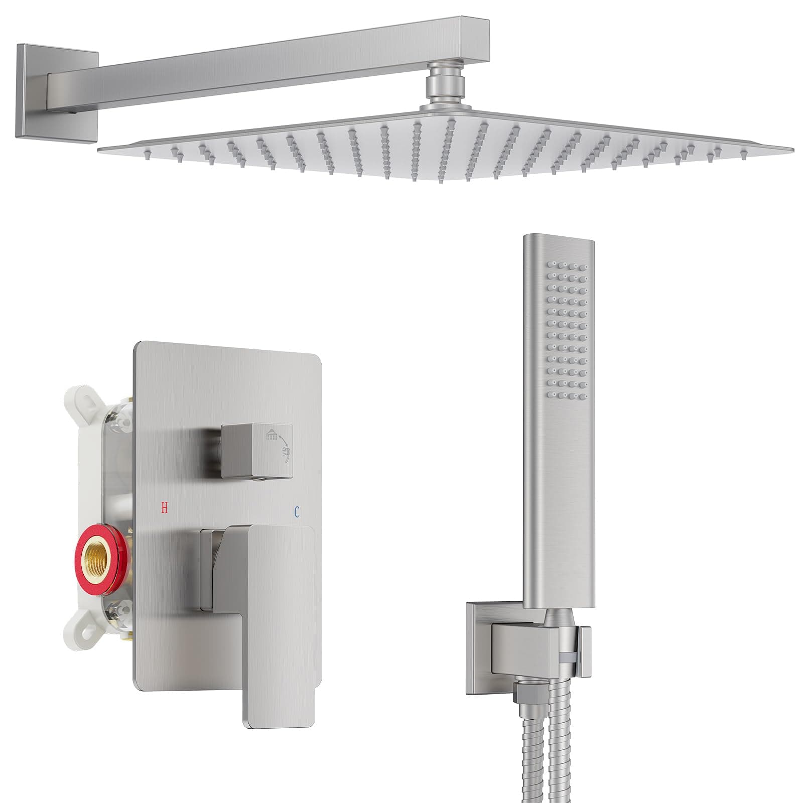 12-Inch Rainfall Shower System with Handheld Combo, Brushed Nickel Finish, High Pressure Brass Shower Set