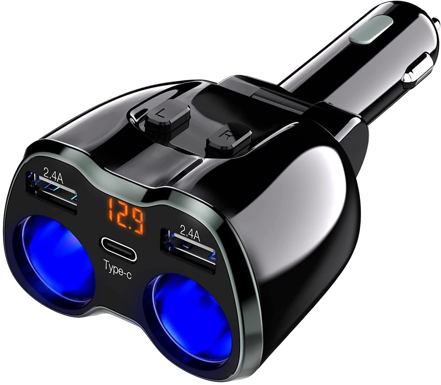 Otium USB C Car Charger, 2 Sockets Cigarette Lighter Splitter 12/24V 80W Dual USB Type-C Ports Separate Switch LED Voltage Display Built-in Replaceable 10A Fuse Compatible Mobile Phone GPS Dash Cam