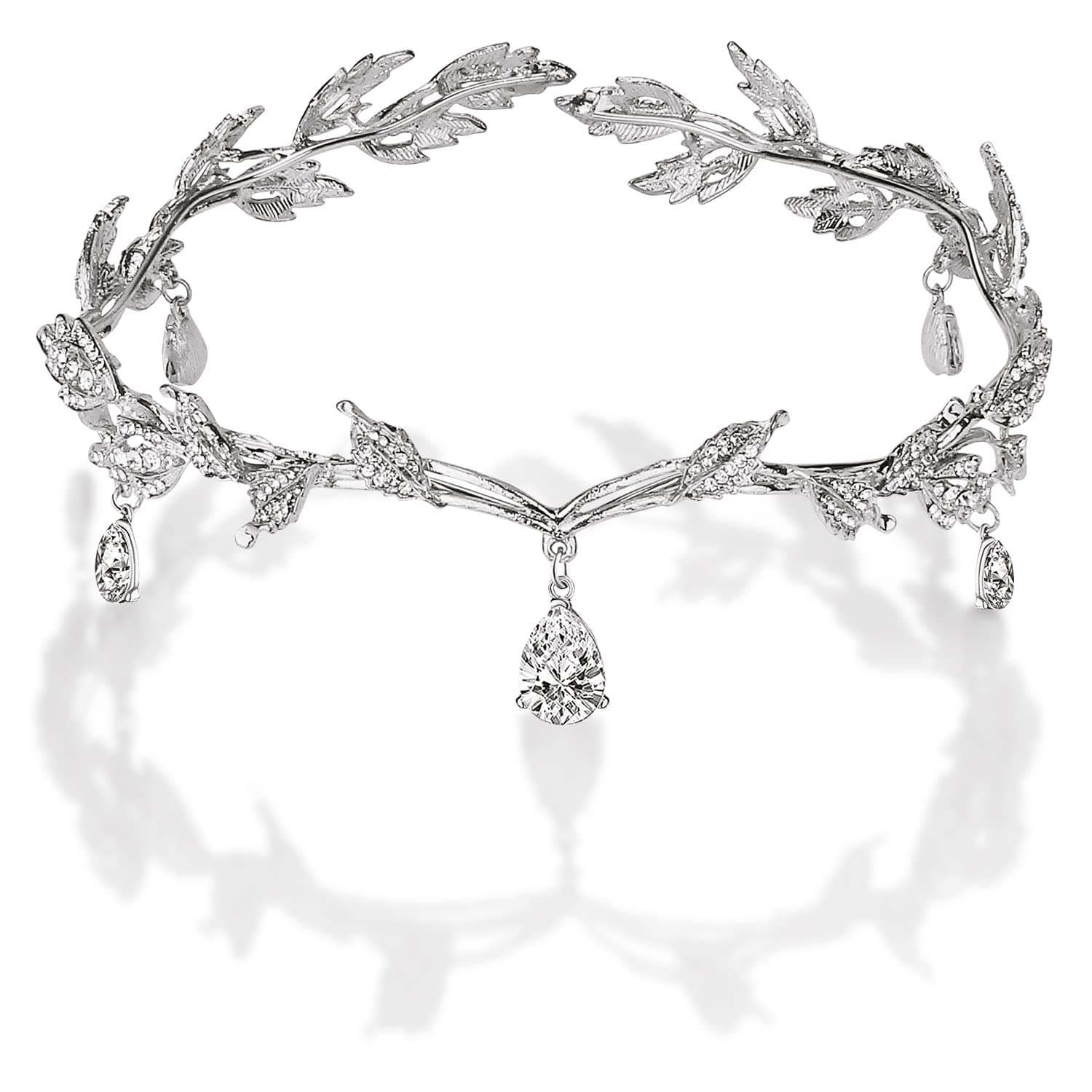 Didder Rhinestone Leaf Brides Tiara, Silver Wedding Forehead Band Dangle Tiara Headband Crowns for Women, Tiaras for Women Princess Crown for Girls for Pageants Prom Birthday