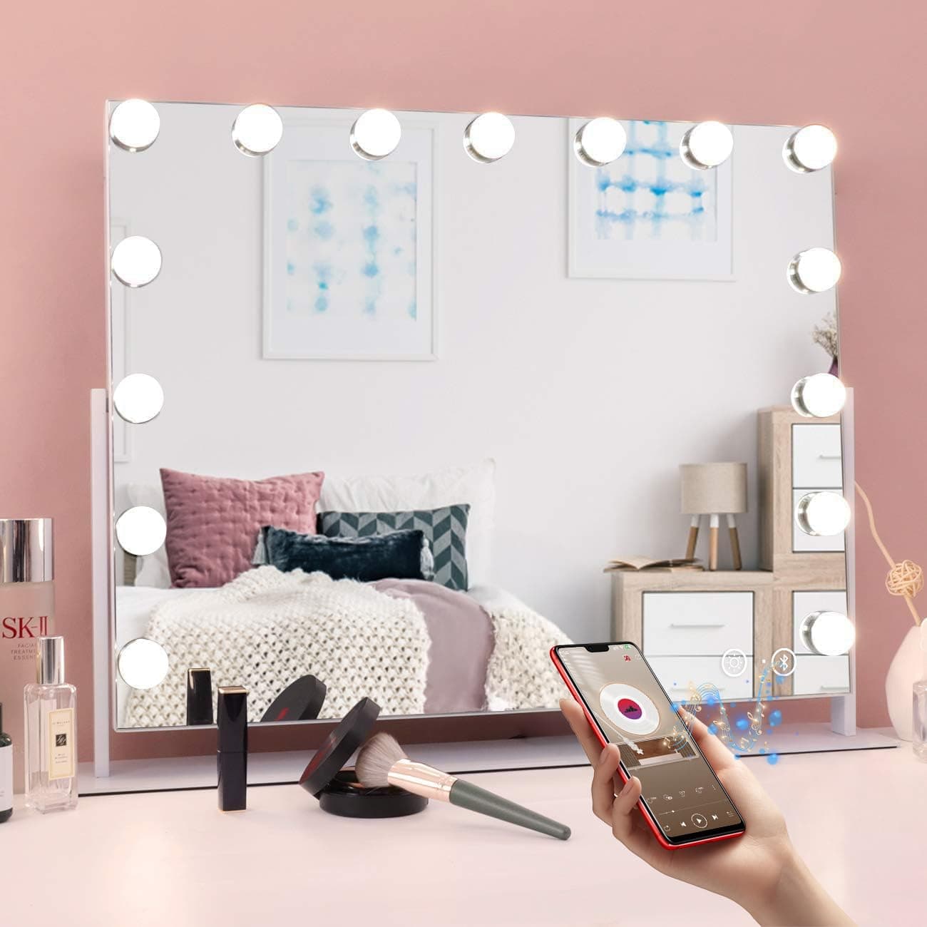 MISAVANITY Vanity Mirror with Lights and Speaker, 360 Degree Rotating Hollywood Lighted Makeup Mirror with 15 Dimmable LED Bulbs for Dressing Room and Bedroom (White)
