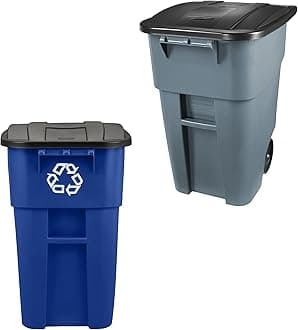 Rubbermaid Commercial Products BRUTE 2-Pack Rollout Trash/Garbage Can Wih Wheels, 50 GAL, Gray and Blue Recycling, for Offices/Back of House/Home