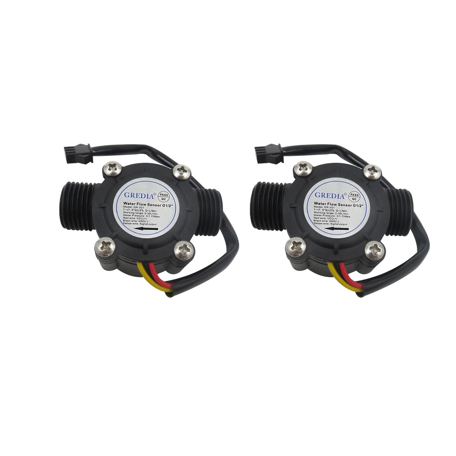 1/2" Water Flow Sensor Food-Grade Switch Hall Effect Flowmeter Fluid Meter Counter 1-30L/min (Pack of 2）