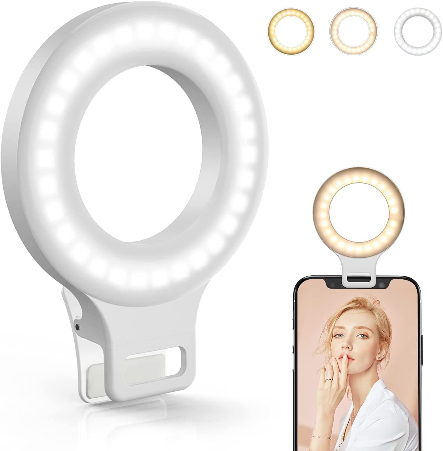Kimwood Clip on Ring Light, Rechargeable 60 LED Selfie Ring Light for Phone, Laptop, Tablet (3 Models, 5 Level Brightness)