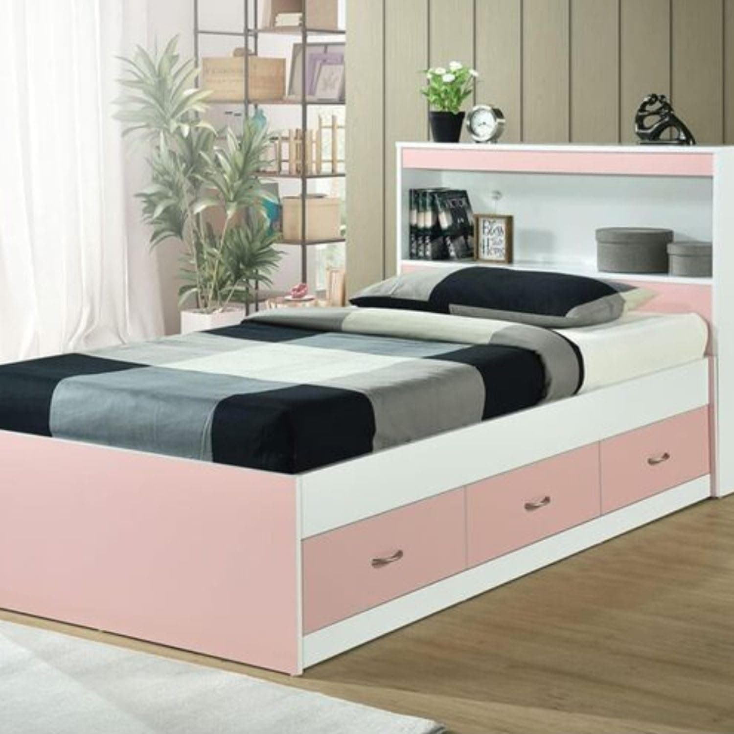 Hodedah Storage Bed with Bookcase Headboard, Pink