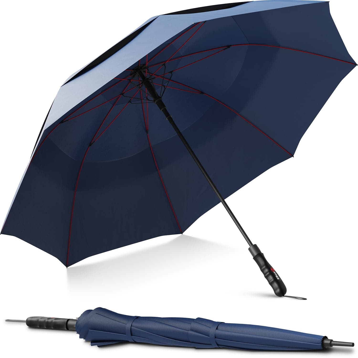 Extra Large Windproof Golf Umbrella - Covers 2 People - 60" Wide Vented Double Canopy with Reinforced Fiberglass Ribs, Waterproof Coated Canopy