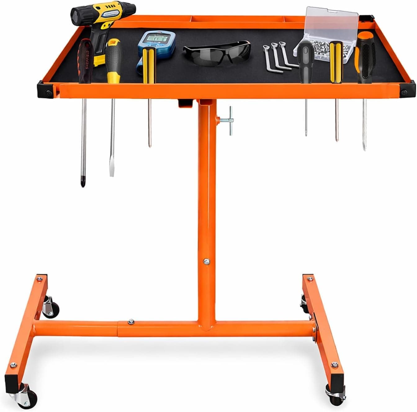 A A IN 250lbs Heavy-Duty Adjustable Work Table with Wheels, Mechanic Tray, Mobile Rolling Tool Table, Orange