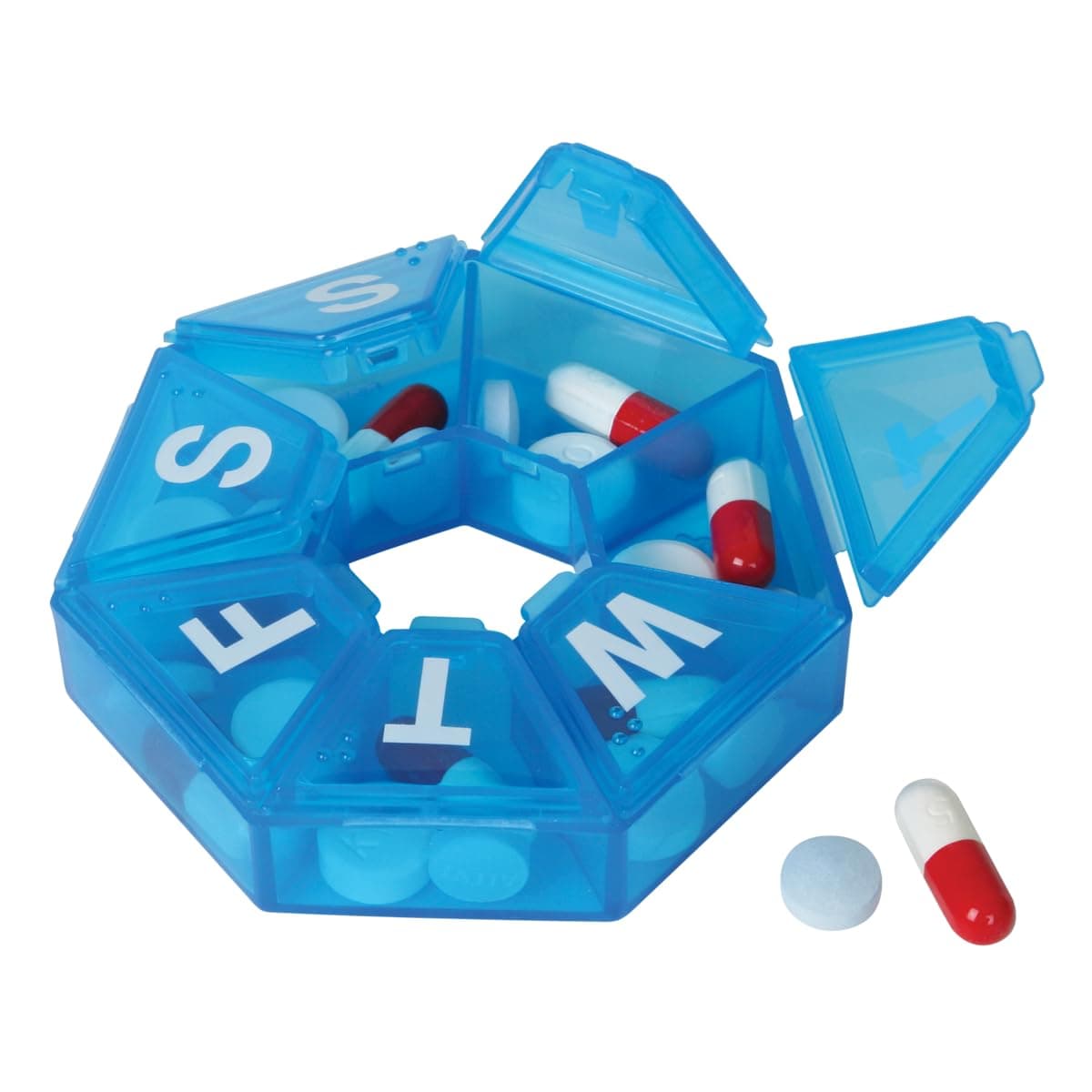 Weekly (7-Day) Pill Case, Medicine Planner, Vitamin Organizer Box, Travel Pill Planner, Portable Storage, 7-Sided, Color May Vary, BPA Free