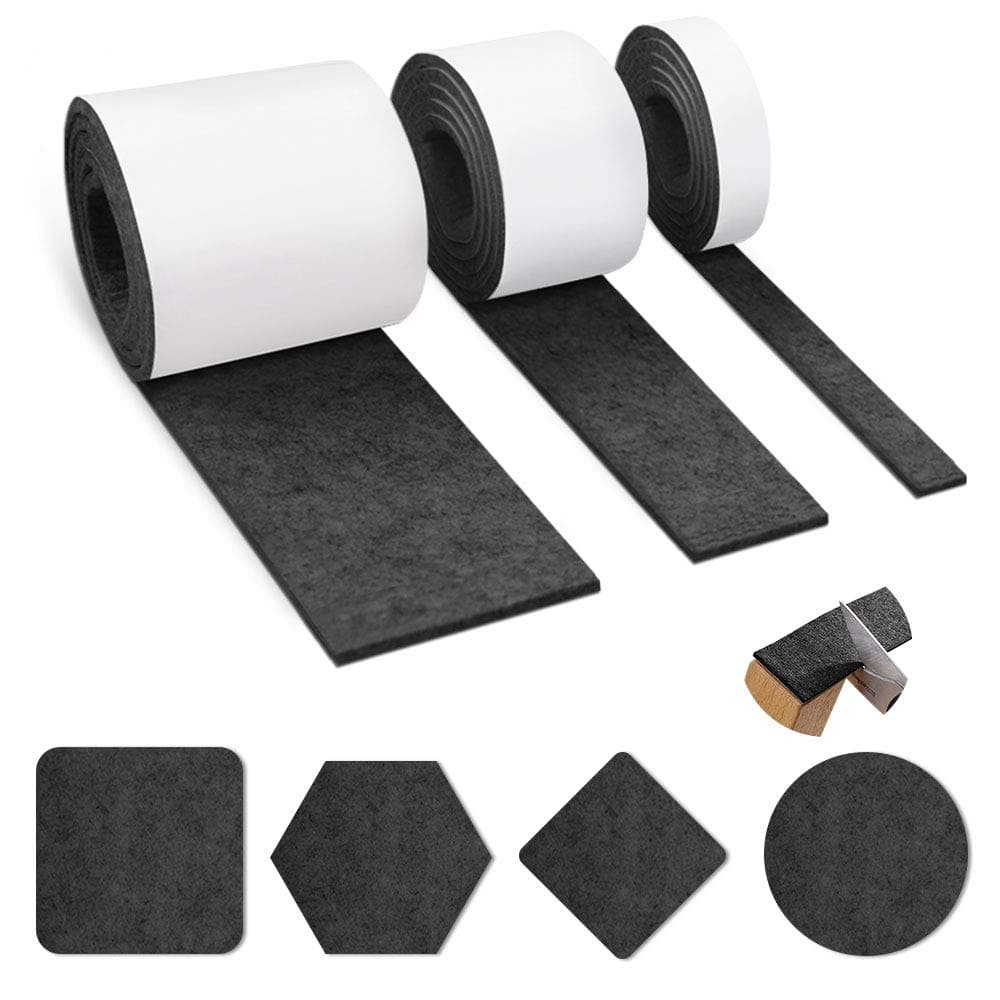 Felt Gliders Self-Adhesive 3 Rolls Felt Gliders Black Felt 100 cm x 10 cm + 100 cm x 5 cm + 100 cm x 2 cm Felt Self-Adhesive Furniture Gliders Protective Layer