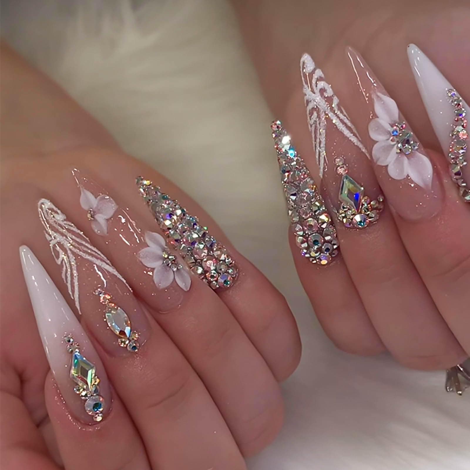 RUOKEXIN Long Press on Nails Stiletto Shaped Fake Nails Handmade False Nails with Rhinestones Designs White Ombre Glue on Nails Glitter Artificial Nails Luxury Stick on Nails for Women 24Pcs