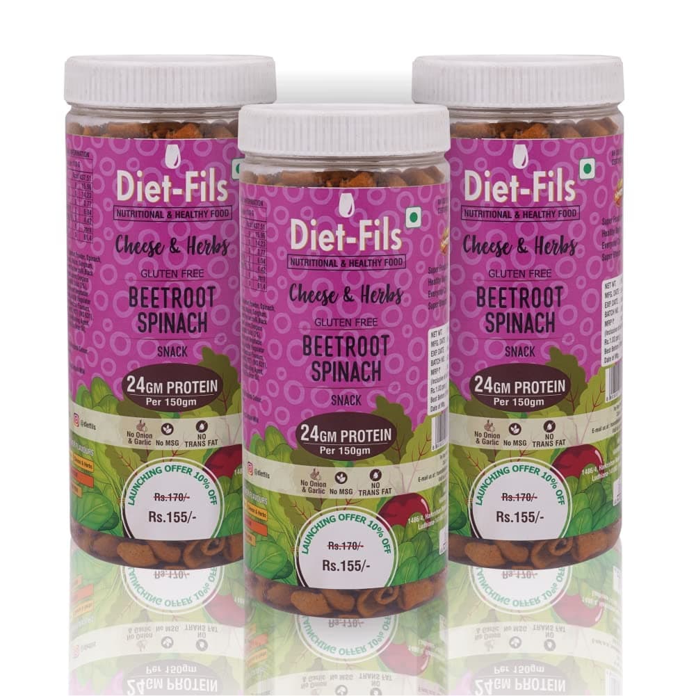 Diet-Fils Beetroot Spinach Snack Enriched with Pea Protein Cheese & Herbs Combo | Gluten Free | 24G Protein Per Pack | ZERO Transfat | Healthy Roasted Tasty Snacks | Combo 150 gm x 3