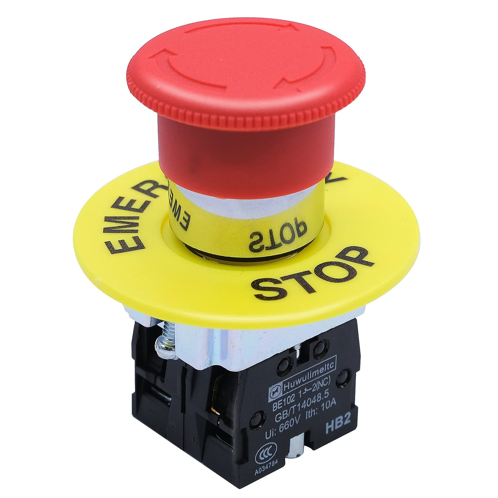 2NC 22mm Emergency Stop Push Button Switch Red Mushroom Equipment e Stop Shut Off Switch AC 660V 10A HB2-BS544
