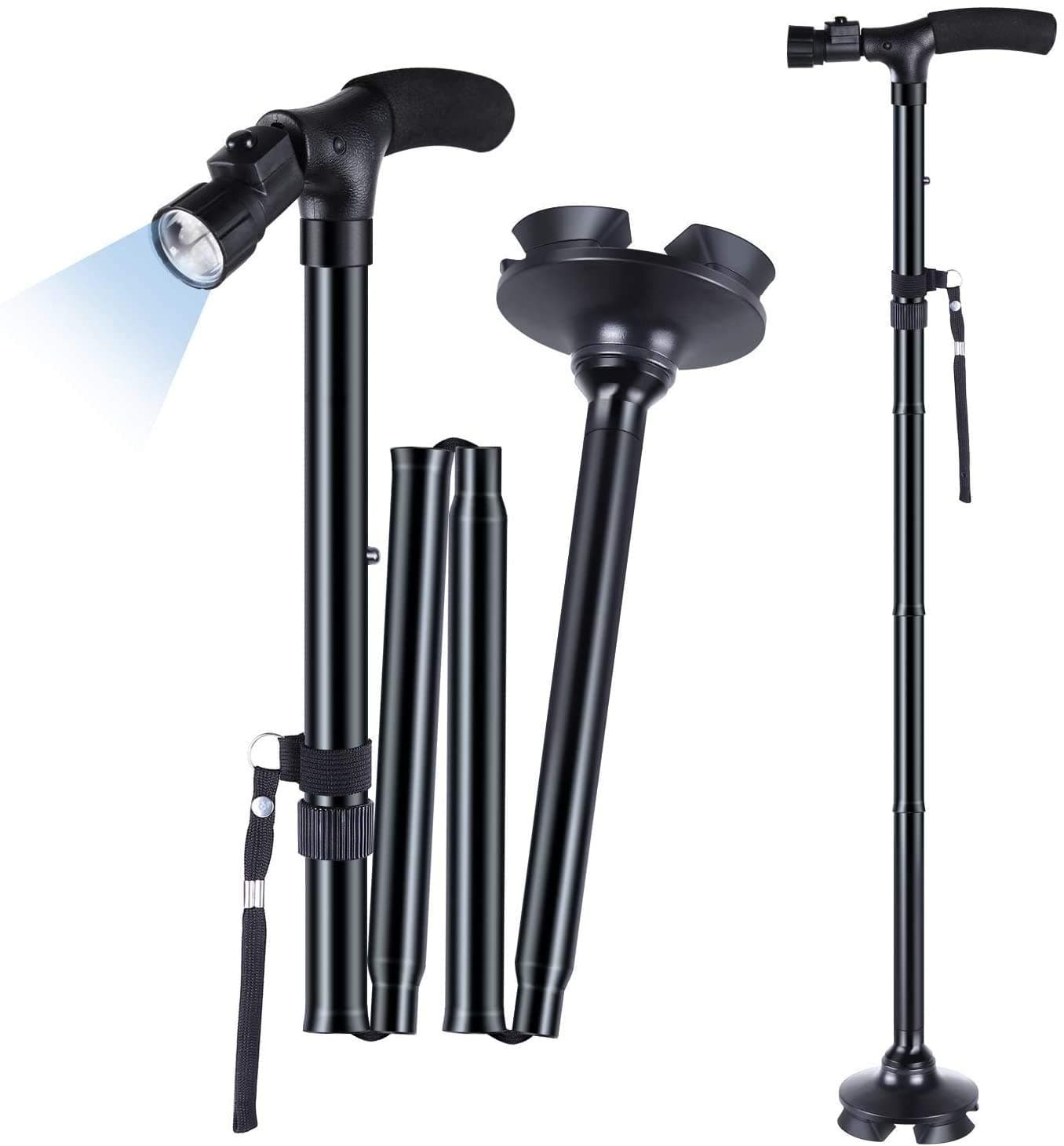Elderly Magic Cane, Adjustable Folding & Extendable Walking Stick + LED Lights