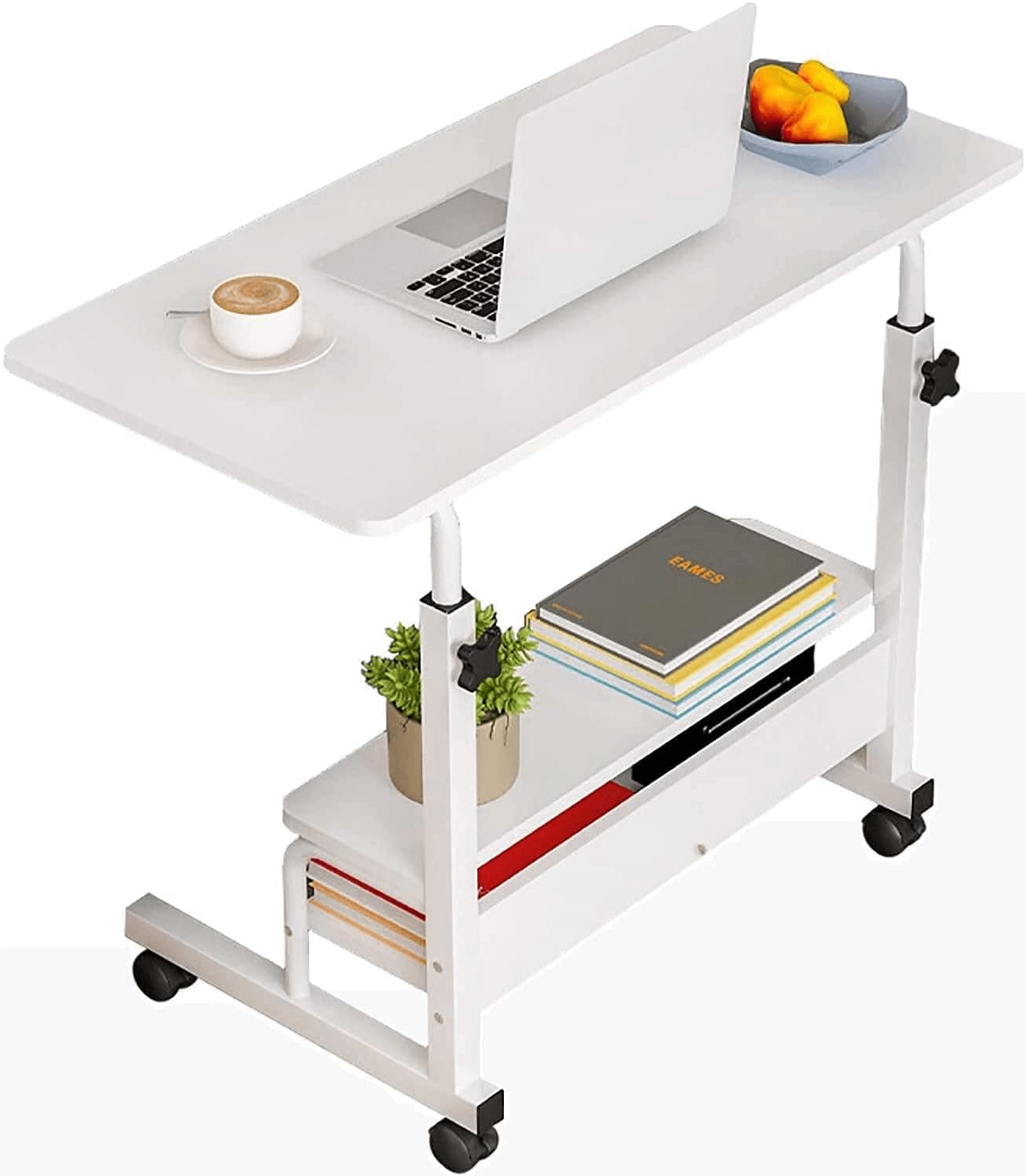 Adjustable Height Mobile Computer Desk for Small Space Rolling Writing with Wheels Corner Home Office Study Portable Bedrooms Work Size 31.5 Inch Storage Gaming Table, White D