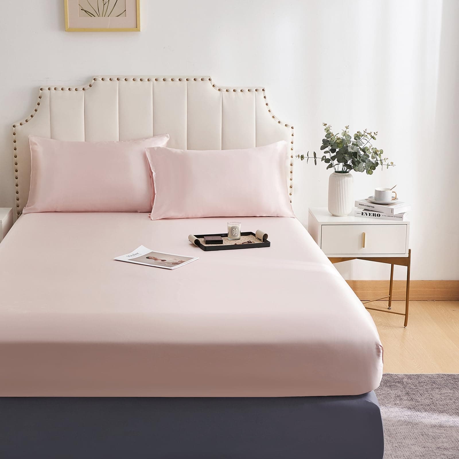 DuShow Fitted Sheet King- Deep Pocket Satin Silky Bed Sheet,Breathable Soft and Comfortable-Wrinkle,Fade,Satin and Abrasion Resistant(King,Blush Pink)