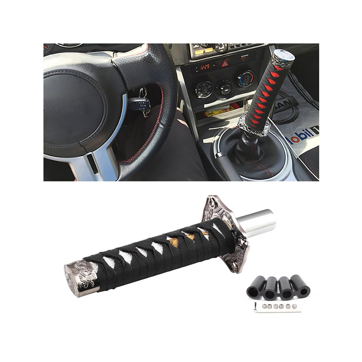 zipelo Samurai Sword Shift Knob, 6 Inch (15cm) Short Gear Shift Knob with 4 Adapters, Samurai Shift Gear Lever for Manual Transmission Cars Most Automatic Transmission Cars(Black/White)