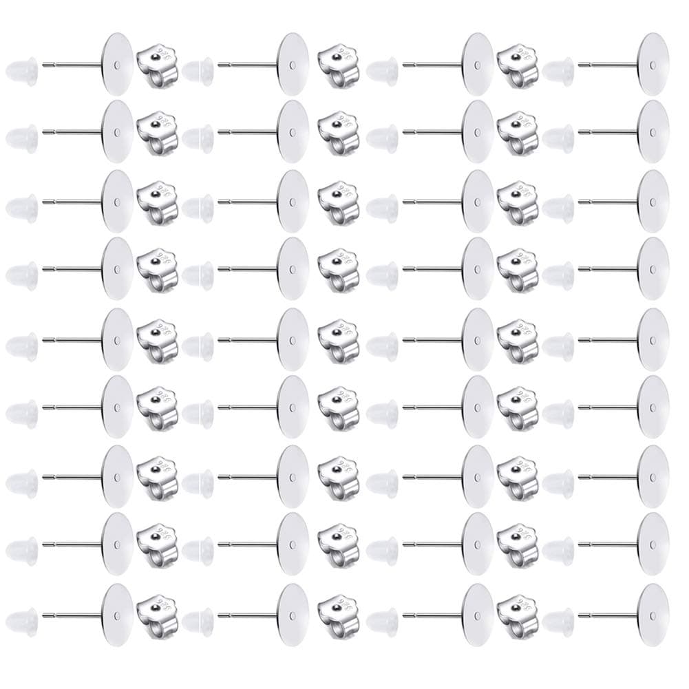 150 PCS 925 Sterling Silver Plated Earrings Posts Flat Pad Hypoallergenic Earring Posts and Backs Earring Studs Blanks for Jewelry Making Findings(8MM)