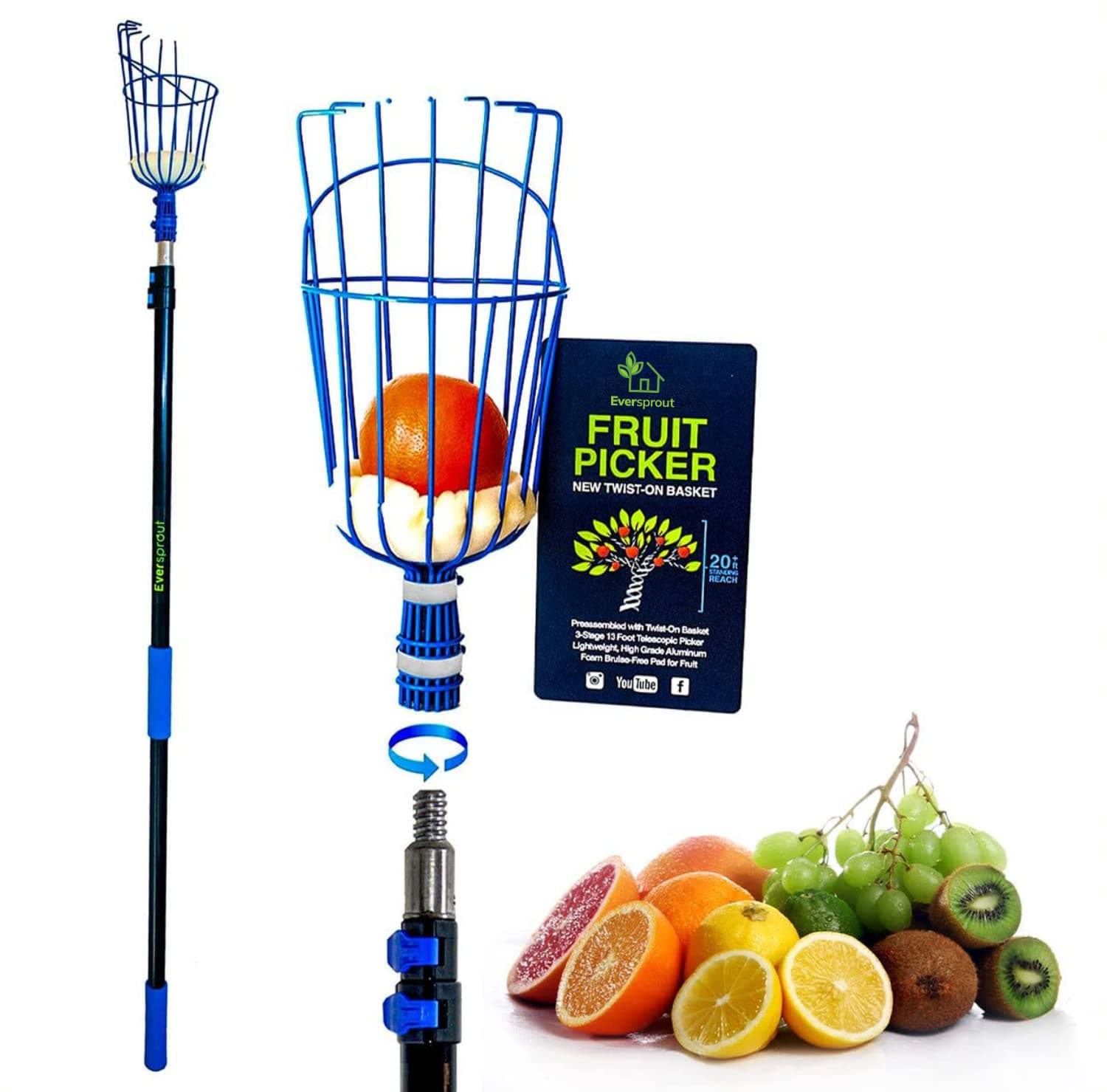 EVERSPROUT 4.5-to-12ft Durable Fruit Picker with 20+ Foot Reach – Telescoping Fruit Picker Pole, Lightweight Twist-On Fruit Picking Tool with Basket, Aluminium Extension Pole for Tree Fruit Harvesting