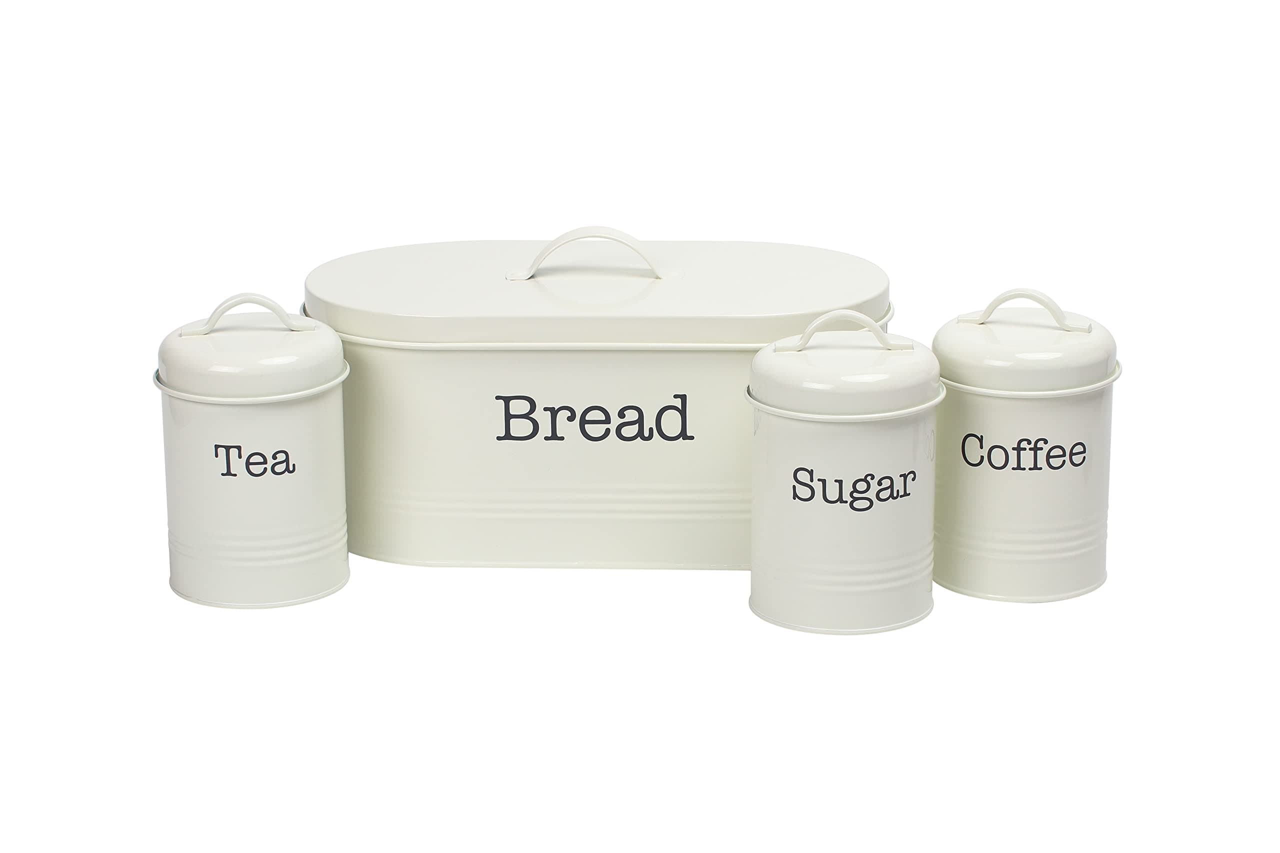 EHC 4 Piece Kitchen Storage Tight Fitting Lids - Countertop Space-Saving, Includes Bread Bin, Tea, Coffee & Sugar Caddy Tins Containers Canister Storage Jars Pots Set, Cream