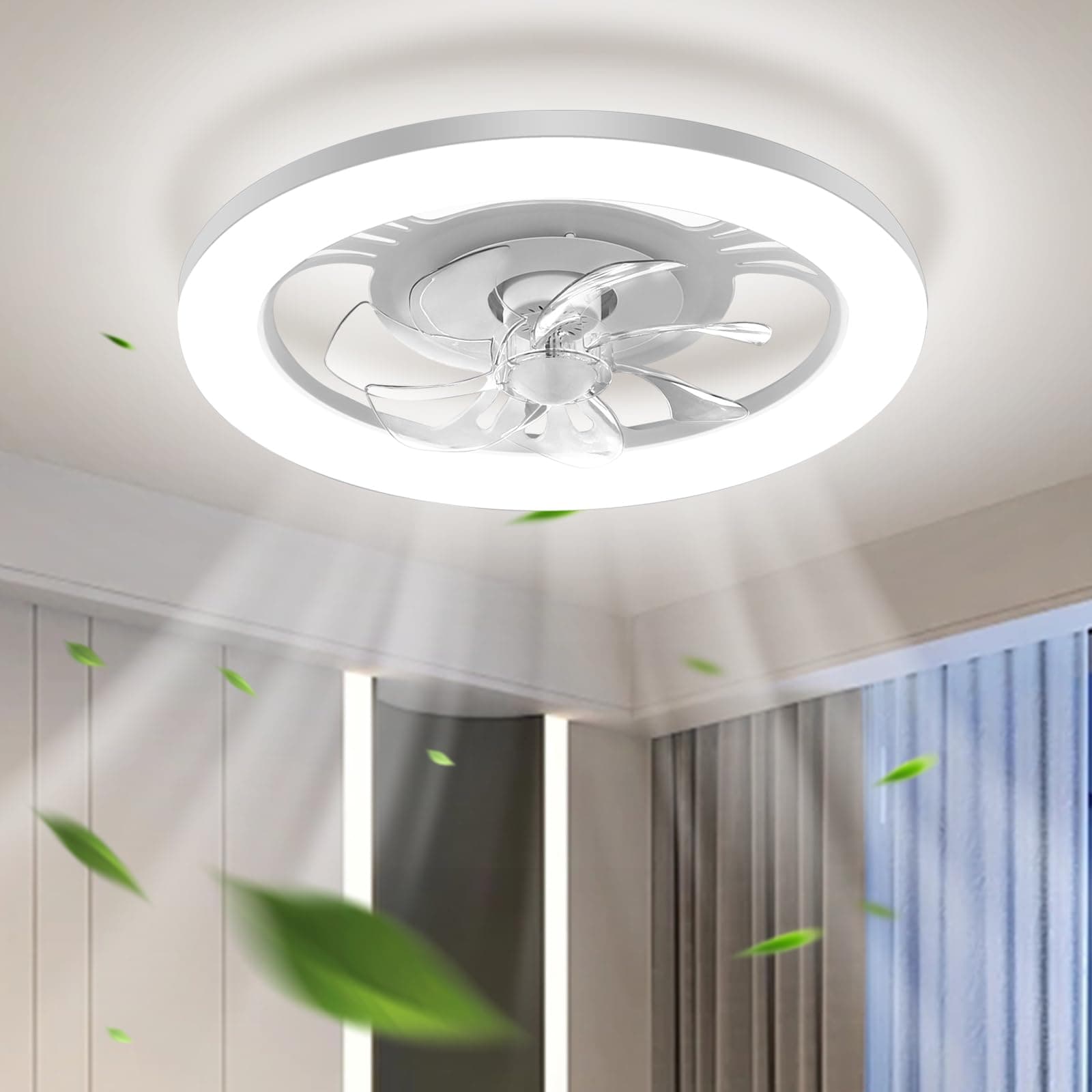 50CM Ceiling Fans with Lights and Remote Flush Mount Modern Indoor 19.7" LED Dimmable Low Profile Ceiling Fans with Lamps APP Smart Ceiling Fan 3 Light Color Adjustable and 6 Speeds (white/ultra-thin) [Energy Class A]
