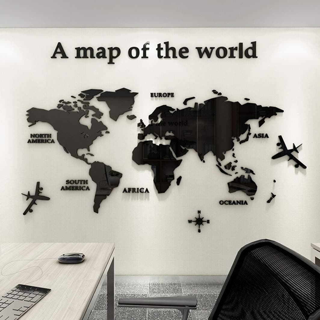 3D Wall Stickers - DIY World Map Wall Decal Sticker Murals Map Wall Décor for Living Room Bedroom TV Background Home Decorations(Black,XXL: 280x174 cm)