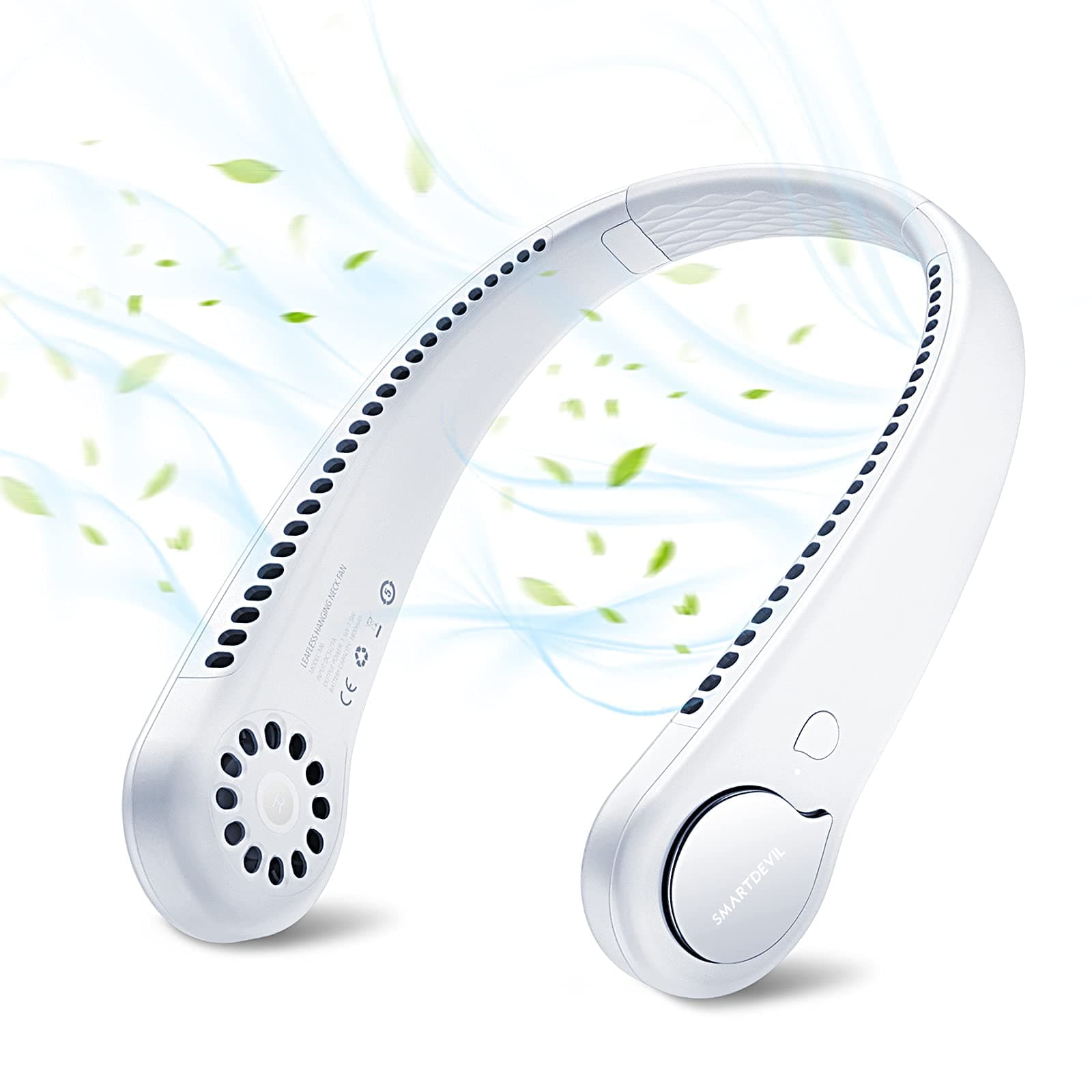 SMARTDEVILSmart Portable Neck Fan, Bladeless Small Collar Fan, Mini USB Rechargeable Wearable Neck Fan, Double Fan with 3 Speeds for Office, Travel, Home, Open Air - White