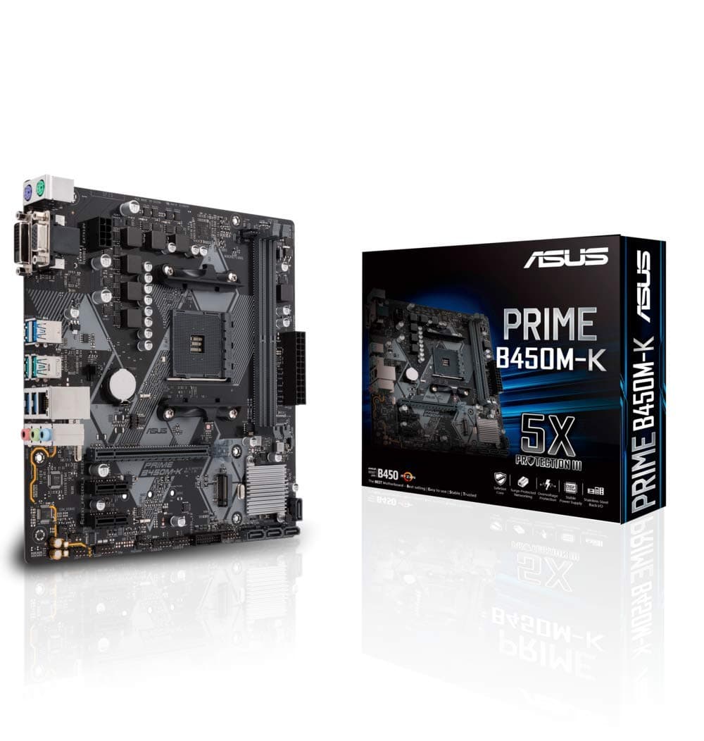 ASUS Prime B450M-K Micro ATX Motherboard, AMD Socket AM4, Ryzen 3000 Ready, PCIe 3.0, M.2, DDR4, LAN, DVI-D, D-Sub, USB 3.1