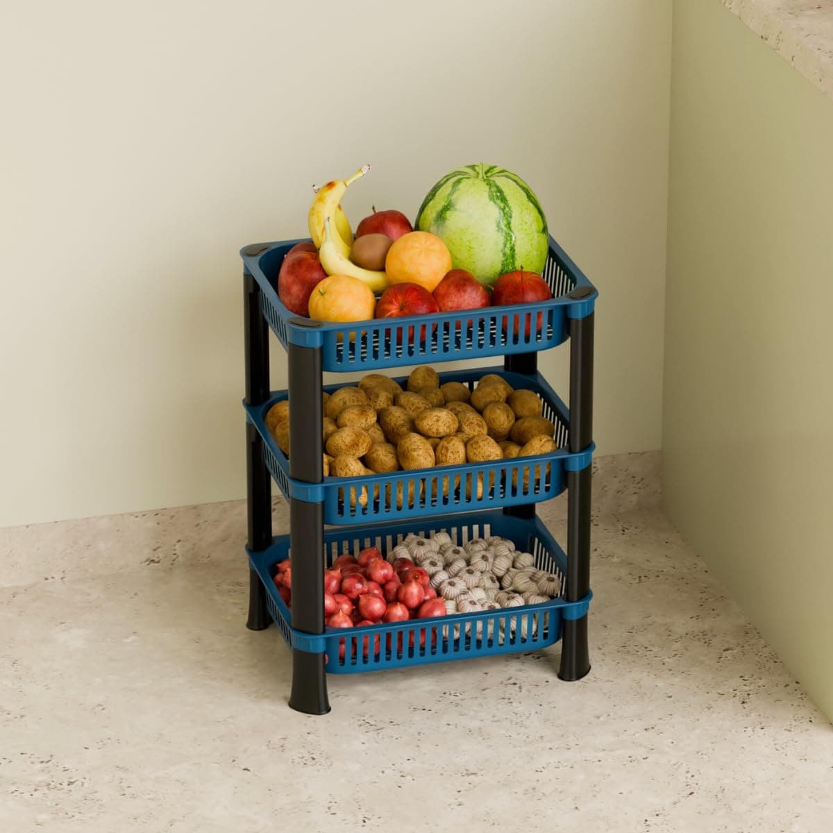 Multipurpose Plastic Storage Rack for Kitchen, Onion Potato Sabji, Fruit Corner Storage Stand Basket, Folding Rack, Countertop Kitchen Organizer Cart, Trolley Rack (3 Layer, Blue)