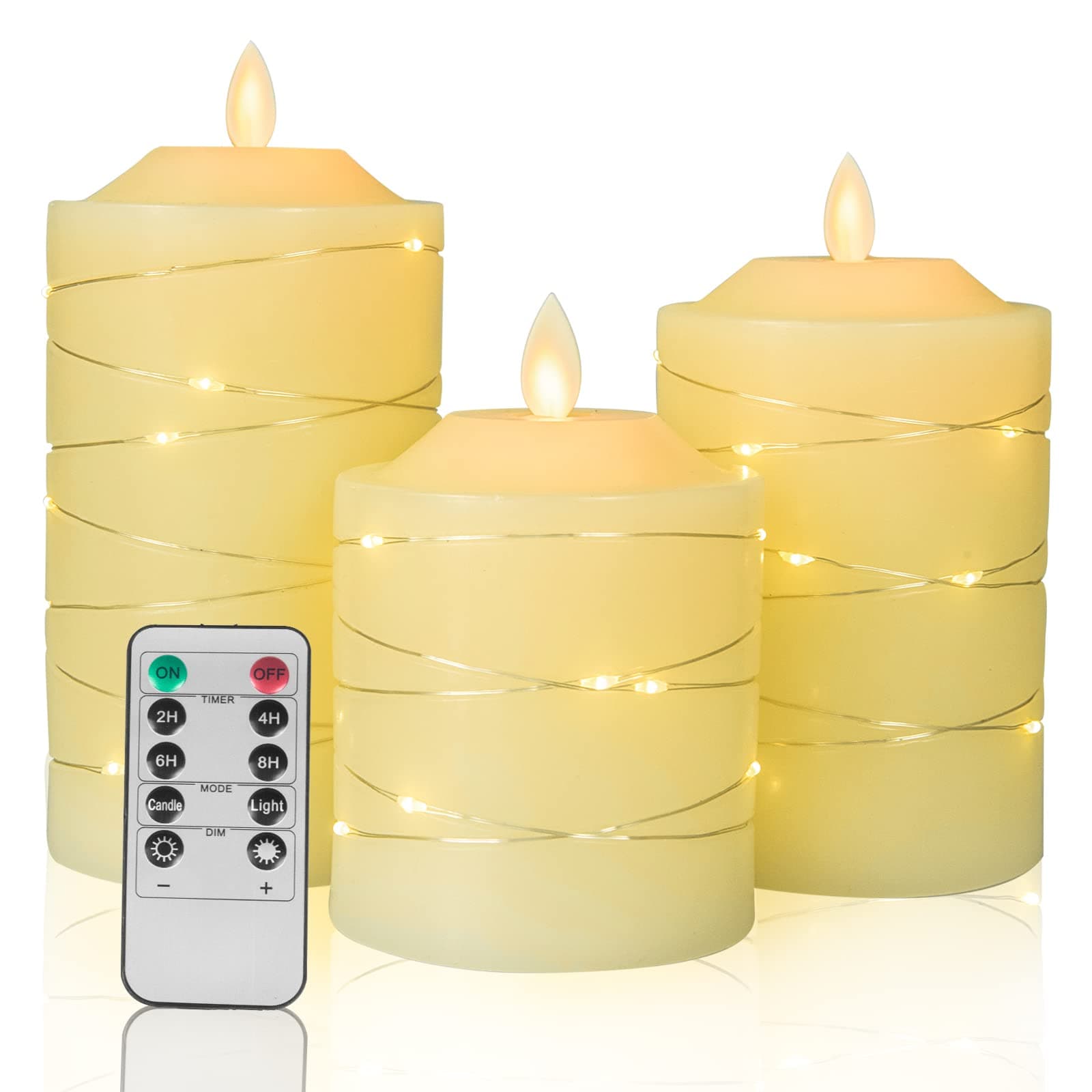 Battery Operated Flameless LED Candles: with Embedded String Lights, 3 Pack Flickering Electric Candle with 10-Key Remote Control for Seasonal Festival Celebration Real Wax(Batteries not Included)