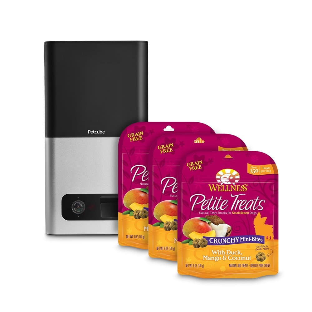 Petcube Bites Pet Camera (Matte Silver) with compatible Wellness Petite Grain Free Dog Treats, Variety Bundle