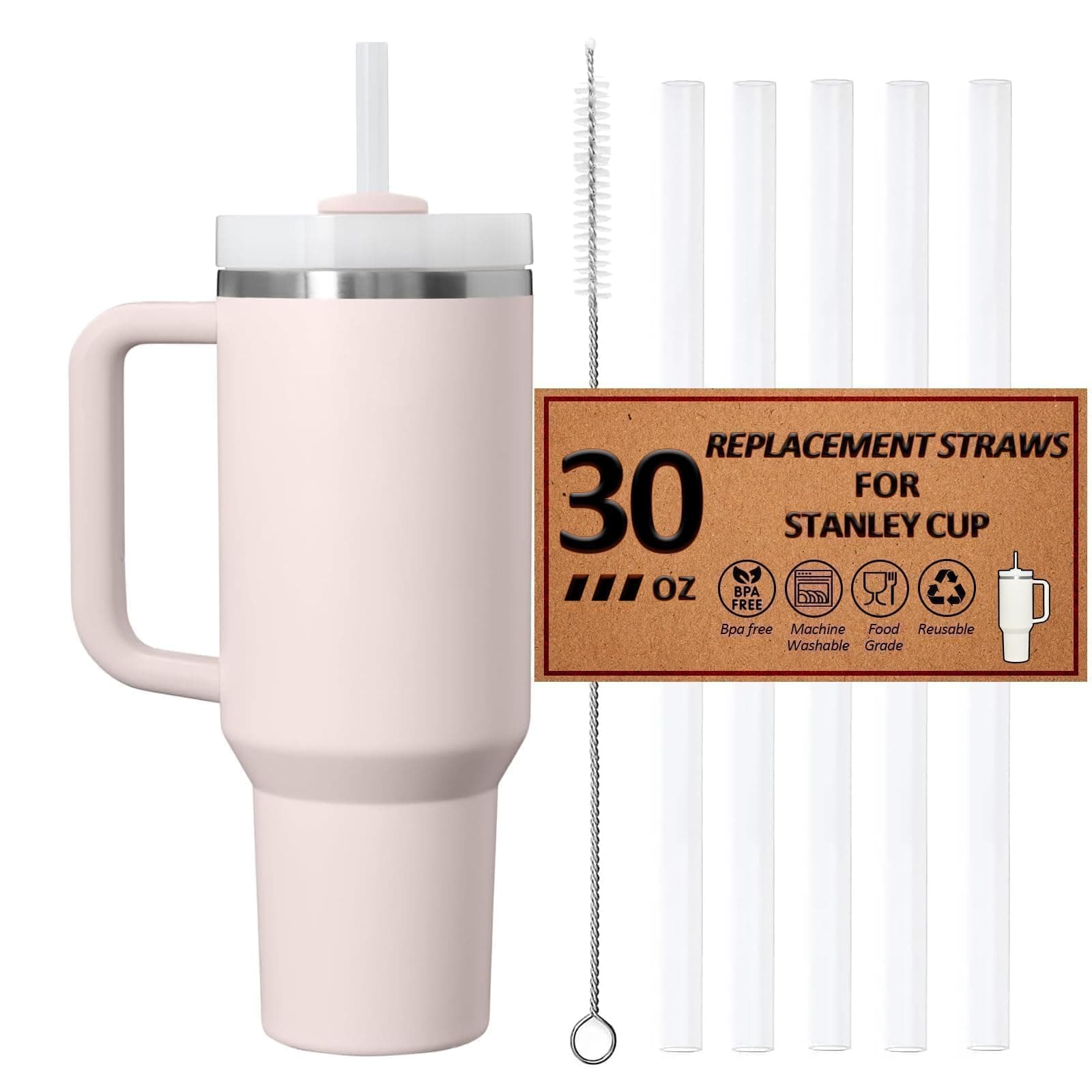 Reusable Straws for Stanley Cup 14/20oz | 30oz | 40oz, Replacement Long Straw with 1 Brush for Stanley Cup Accessories，Food Grade & BPA Free, Machine washable（5 pack，30oz, Transparent White）