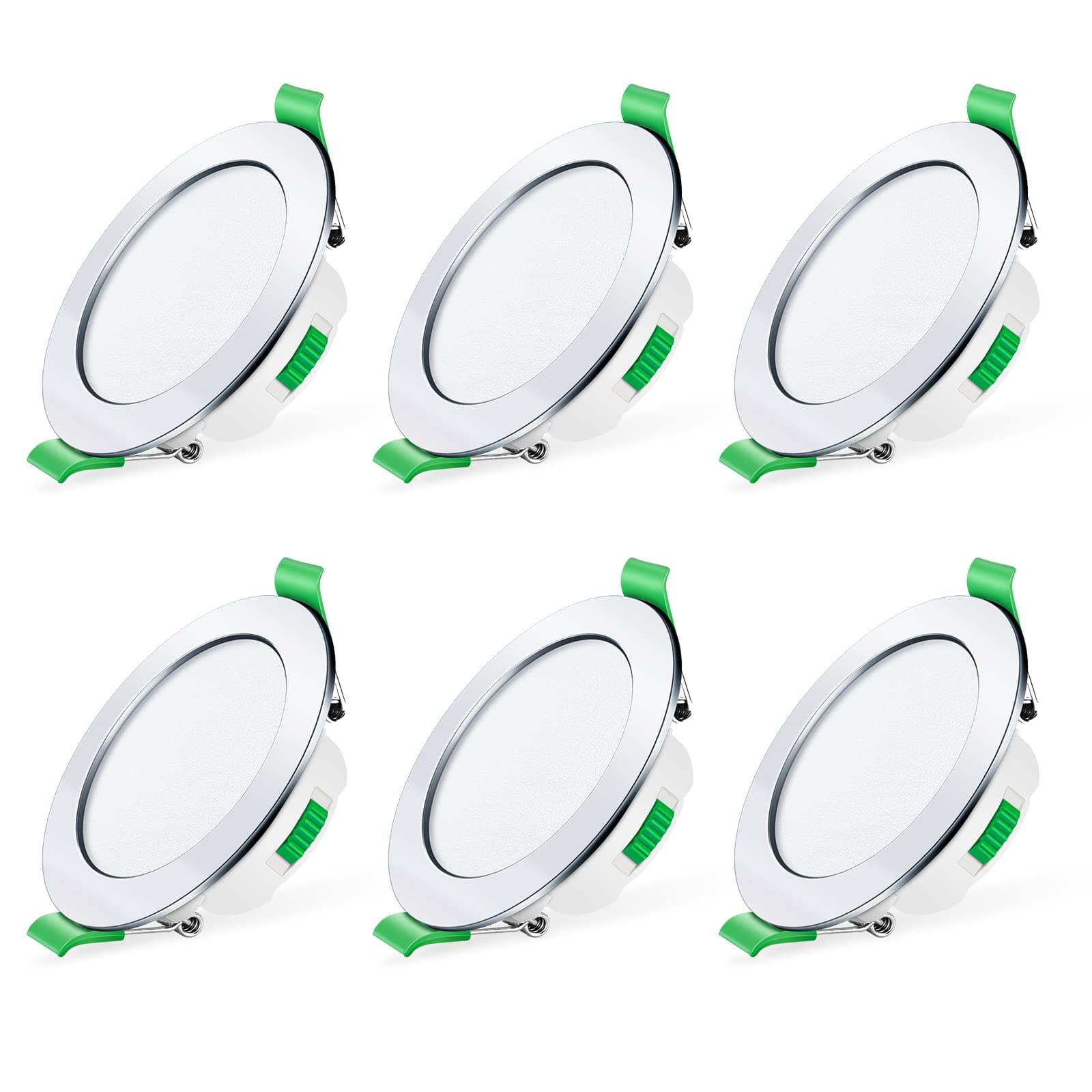 LED Downlights Dimmable 7W IP44 Slim Recessed Ceiling Lights, 3CCT 3000K Warm 4000K Neutral 6500K Cool Adjustable Bathroom Spotlights, Polished Chrome, 6 Pack
