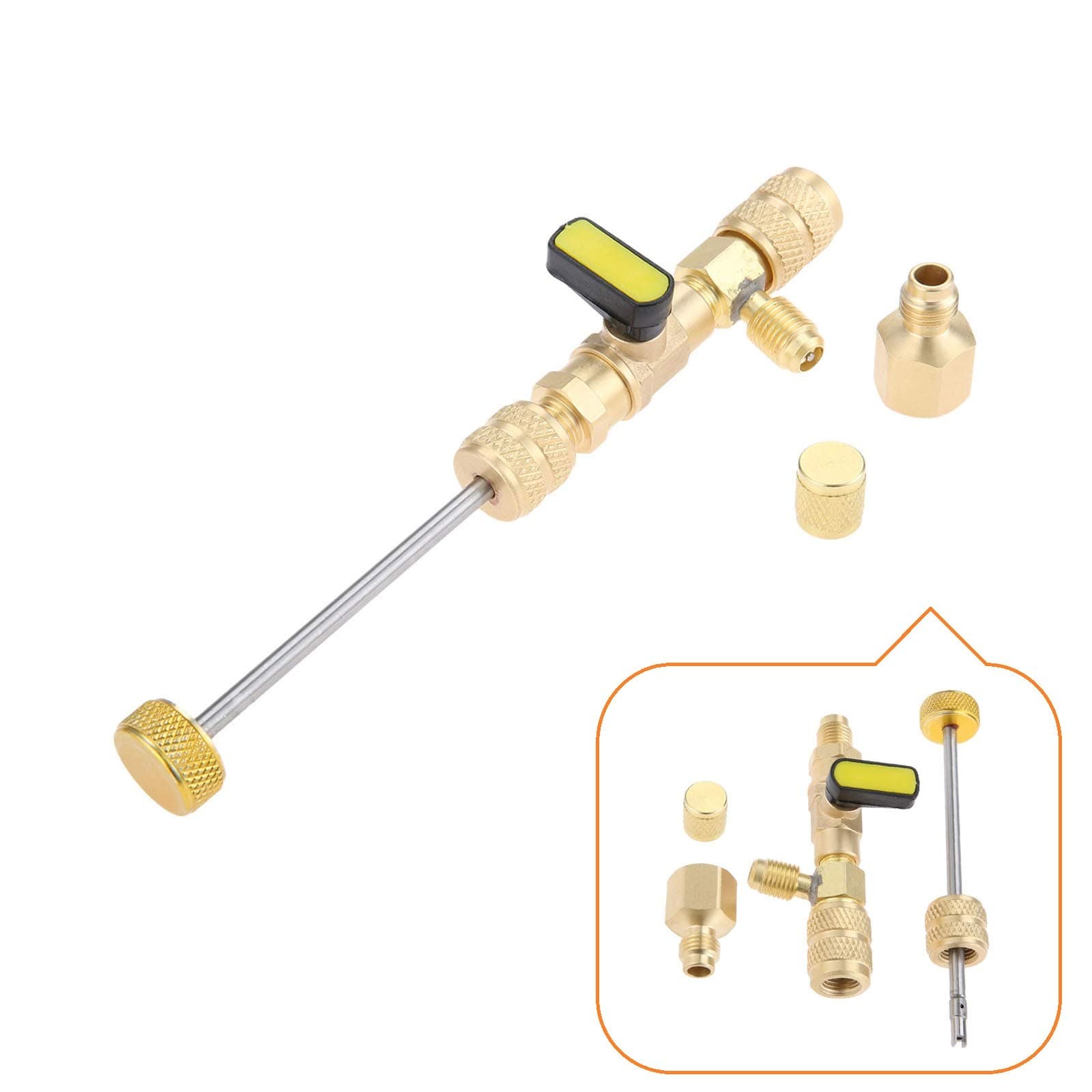 R410A R22 Valve Core Remover Installer Tool with Dual Size SAE 1/4 & 5/16 Port & Brass Adapter, Valve Core Removal Tool for R410 R32 R22 R12 R407 R404 R600 HVAC System