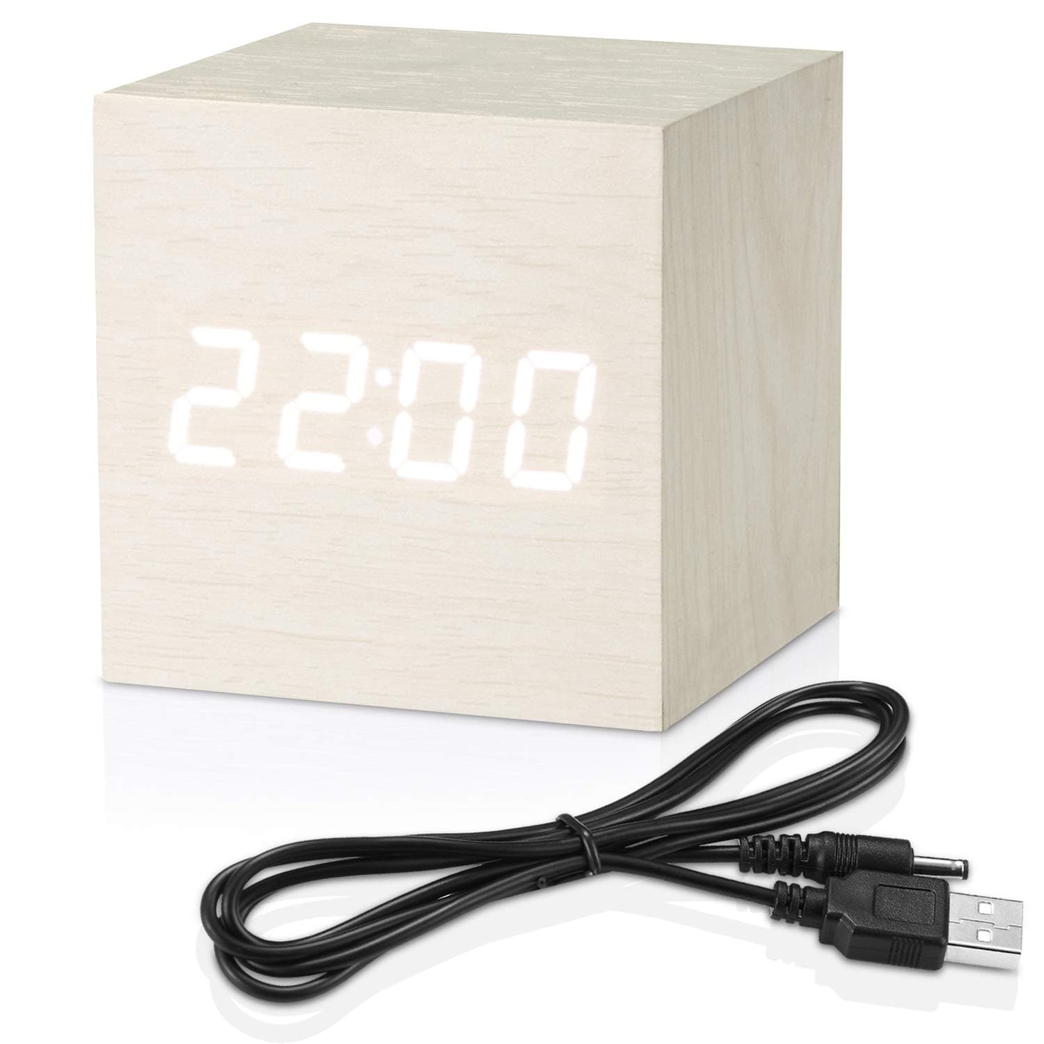 MiCar Digital Alarm Clock White, Wood LED Light Mini Modern Cube Desk Alarm Clock Displays Time Date Temperature for Kids, Bedroom, Home, Dormitory, Travel (White)