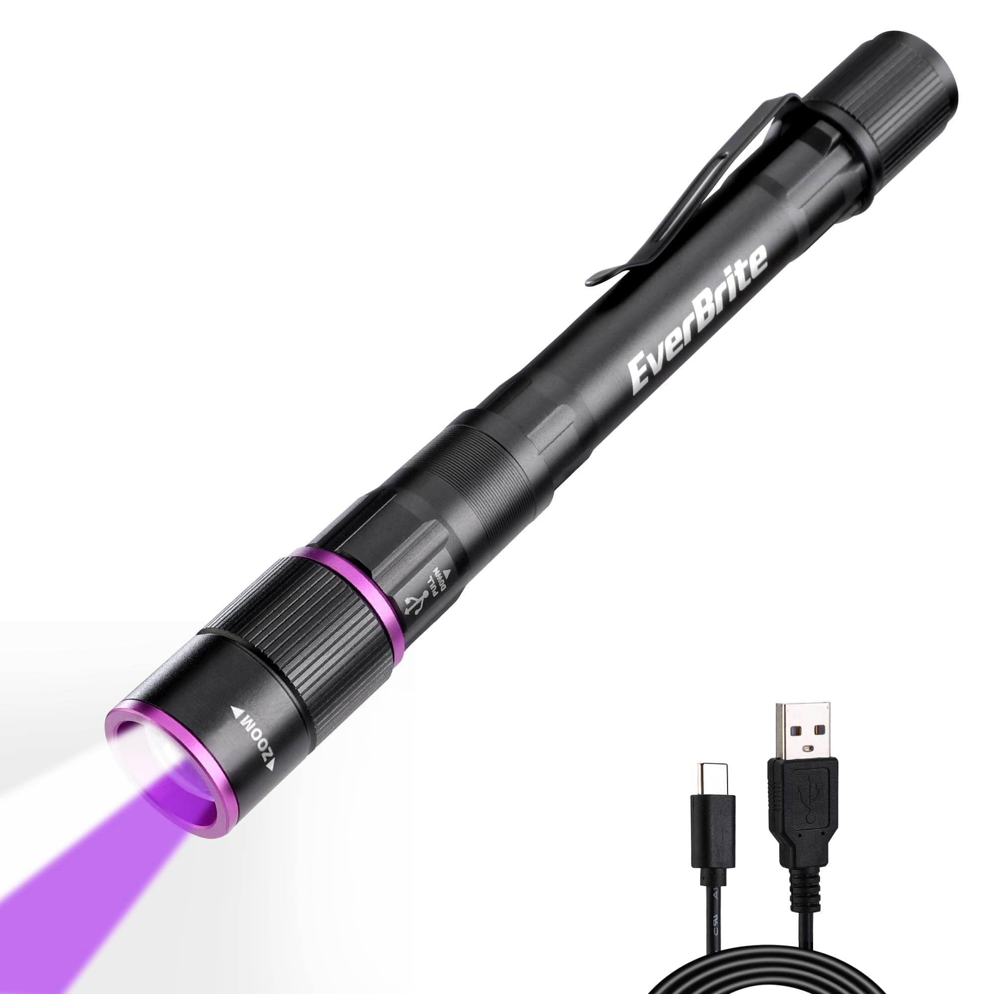 EverBrite Rechargeable Pen Flashlight with UV Light and White Light, 395nm Black Flashlight with Clip, Zoomable 4 Modes with Memory Function, USB C Cable, for Camping, Emergency, Pet Urine Detection