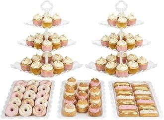 NWK 5 Piece Cake Stand Set with 2 x Large 3-Tier Cupcake Stands, 3 x Appetizer Trays, for Wedding Birthday Baby Shower Tea Party Decorations (White)