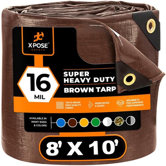 8' x 10' Super Heavy Duty 16 Mil Brown Poly Tarp Cover - Thick Waterproof, UV Resistant, Rip and Tear Proof Tarpaulin with Grommets and Reinforced Edges - by Xpose Safety