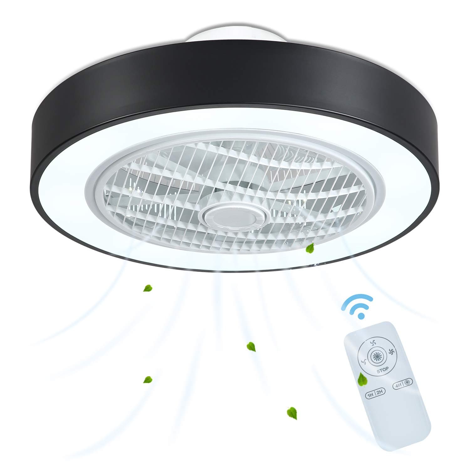 Flush Ceiling Fan with Light, 22 inches Enclosed Ceiling Fan with LED Light, Low Profile Flush Mount Bladeless Ceiling Fan Lighting with Remote for Indoor Dining Room Bedroom Outdoor Patio