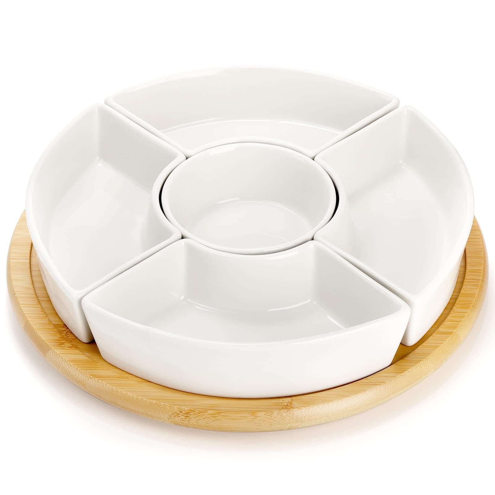 Lyellfe Divided Serving Dish Lazy Susan, 360° Rotatable Porcelain Appetizer Snack Tray Platter for Fruit, Veggies, Candy, Relish Tray for Christmas Thanksgiving Party, 5 Removable Compartment, White