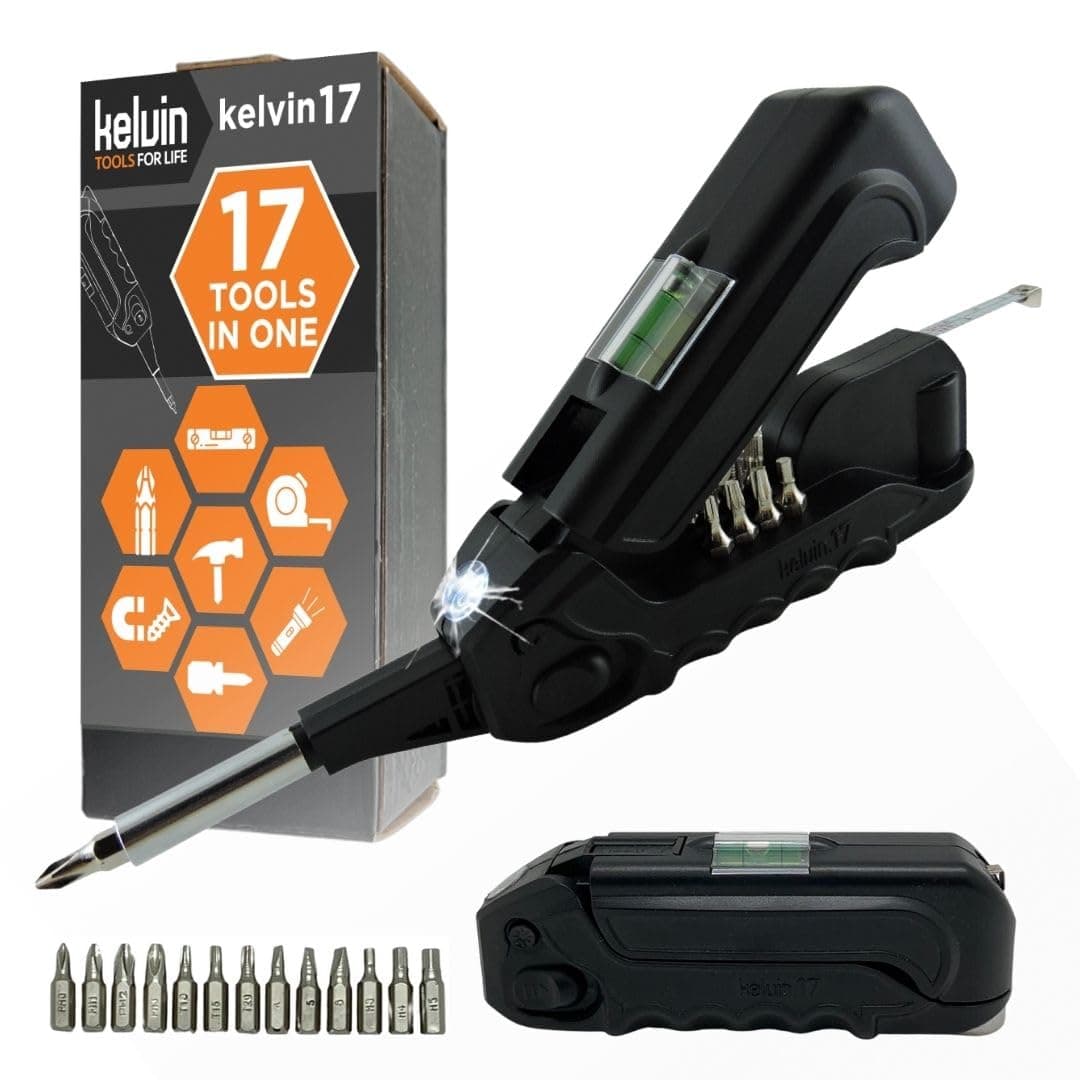 Kelvin Tools Kelvin17 | The Palm-Sized Everyday Multi-Tool Set | 17 Integrated Tools: 12 Bit Screwdriver Set, Tape Measure, Liquid Level, Hammer, and Flashlight (Black)
