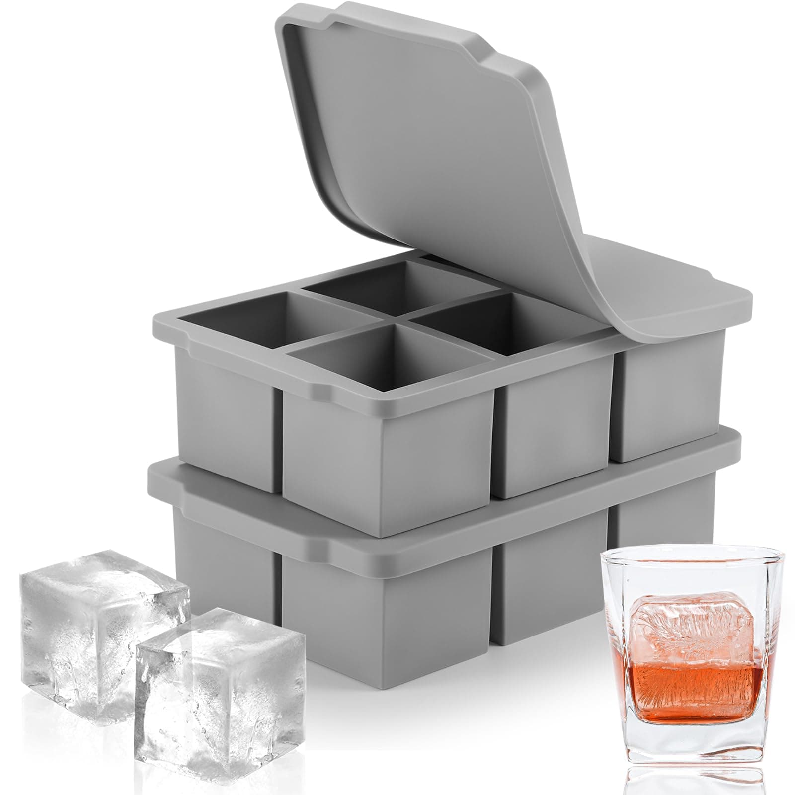 Nax Caki Large Ice Cube Tray with Lid Pack of 2, Stackable Big Silicone Square Ice Cube Mold for Whiskey Cocktails Bourbon Soups Frozen Treats, BPA Free